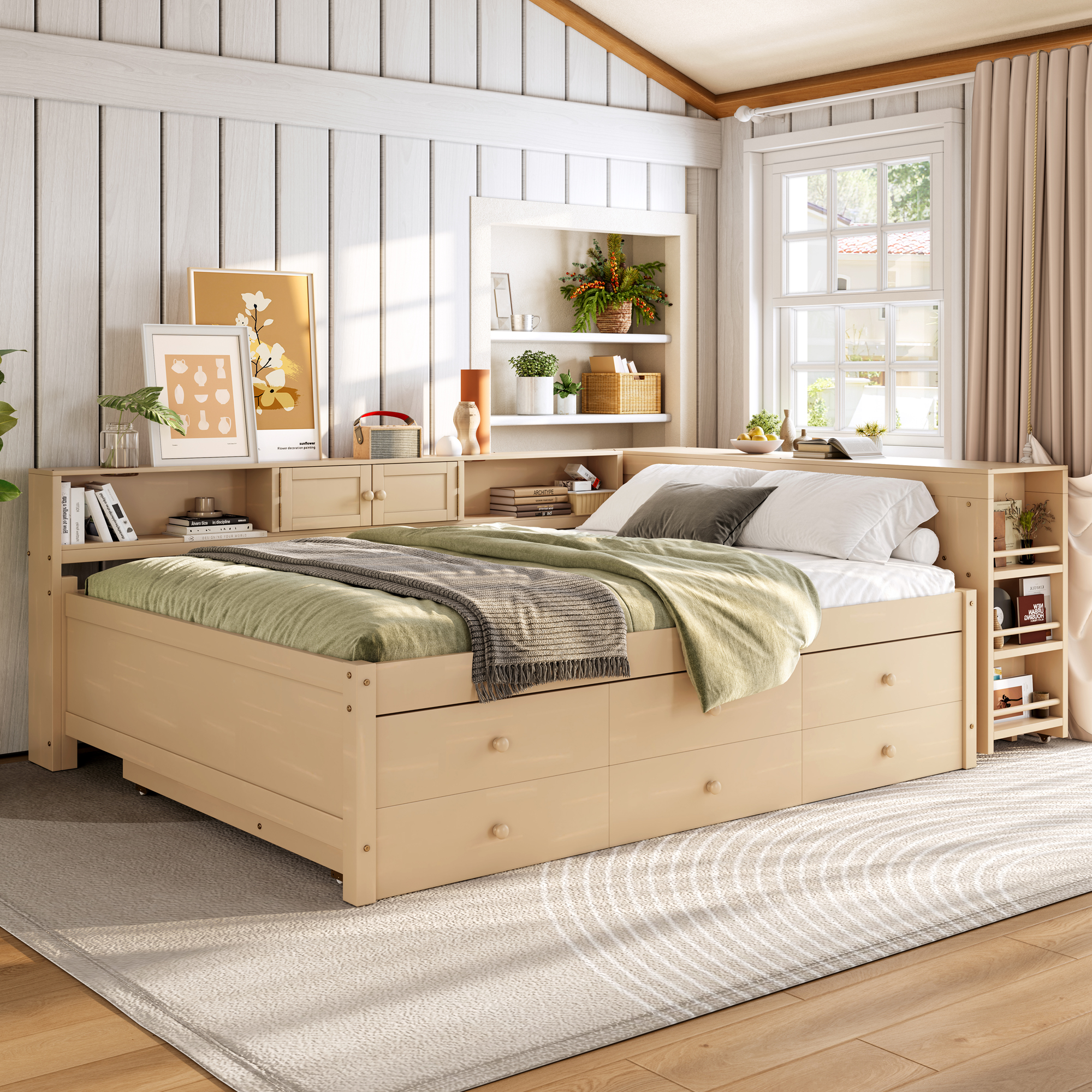 Full Size Daybed With Trundle,Wood Daybed Frame with Storage Drawers,Side Shelves and Desk,Golden - Image 3