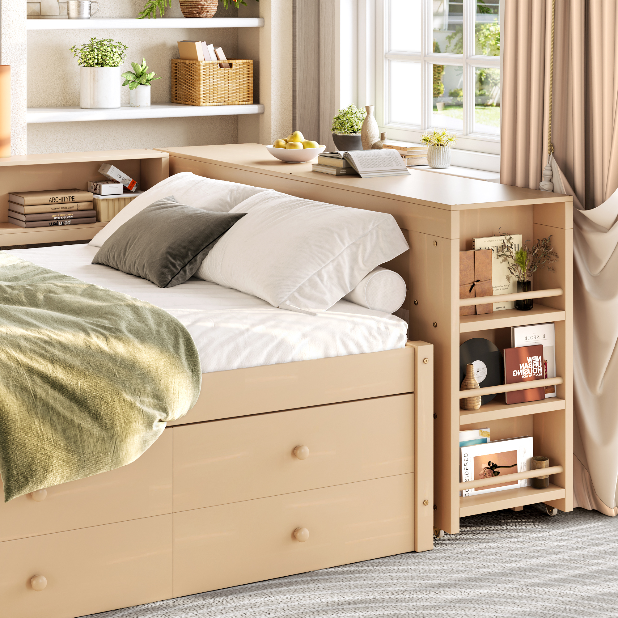 Full Size Daybed With Trundle,Wood Daybed Frame with Storage Drawers,Side Shelves and Desk,Golden - Image 4