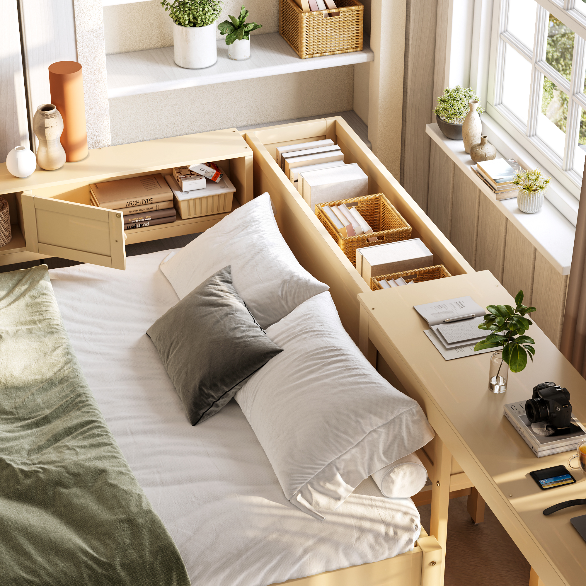 Full Size Daybed With Trundle,Wood Daybed Frame with Storage Drawers,Side Shelves and Desk,Golden - Image 5