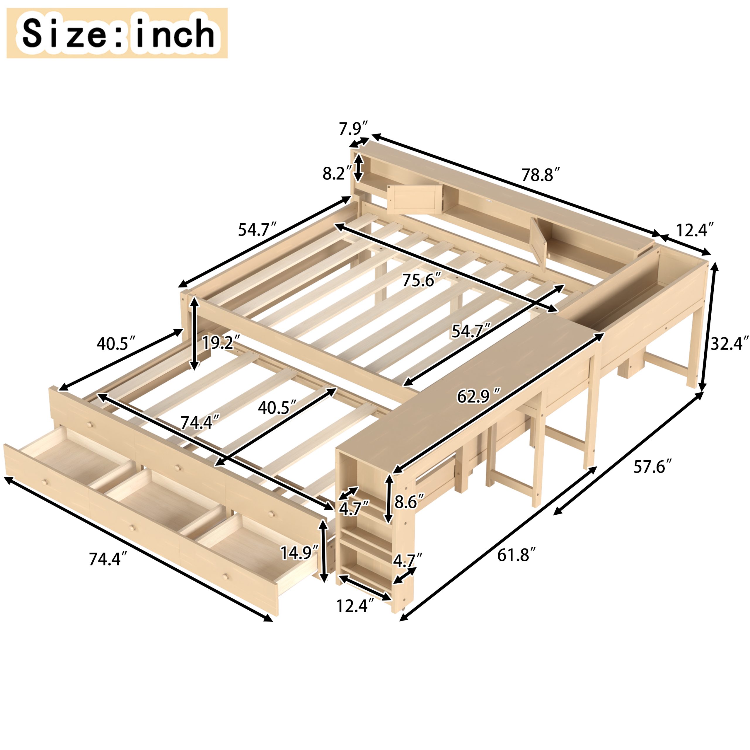 Full Size Daybed With Trundle,Wood Daybed Frame with Storage Drawers,Side Shelves and Desk,Golden - Image 6