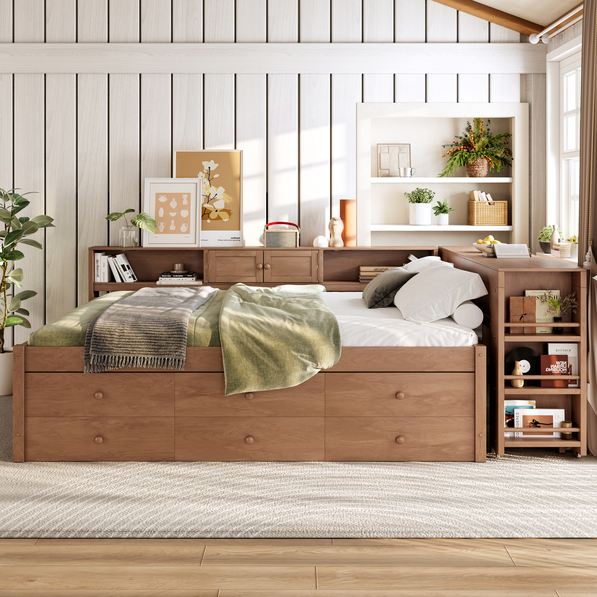 Full Size Daybed With Trundle,Wood Daybed Frame with Storage Drawers,Side Shelves and Desk,Vintage brown - Image 2