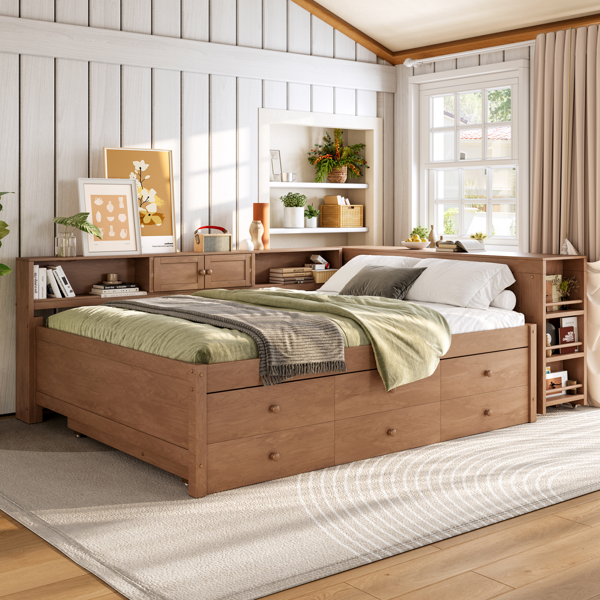Full Size Daybed With Trundle,Wood Daybed Frame with Storage Drawers,Side Shelves and Desk,Vintage brown - Image 3