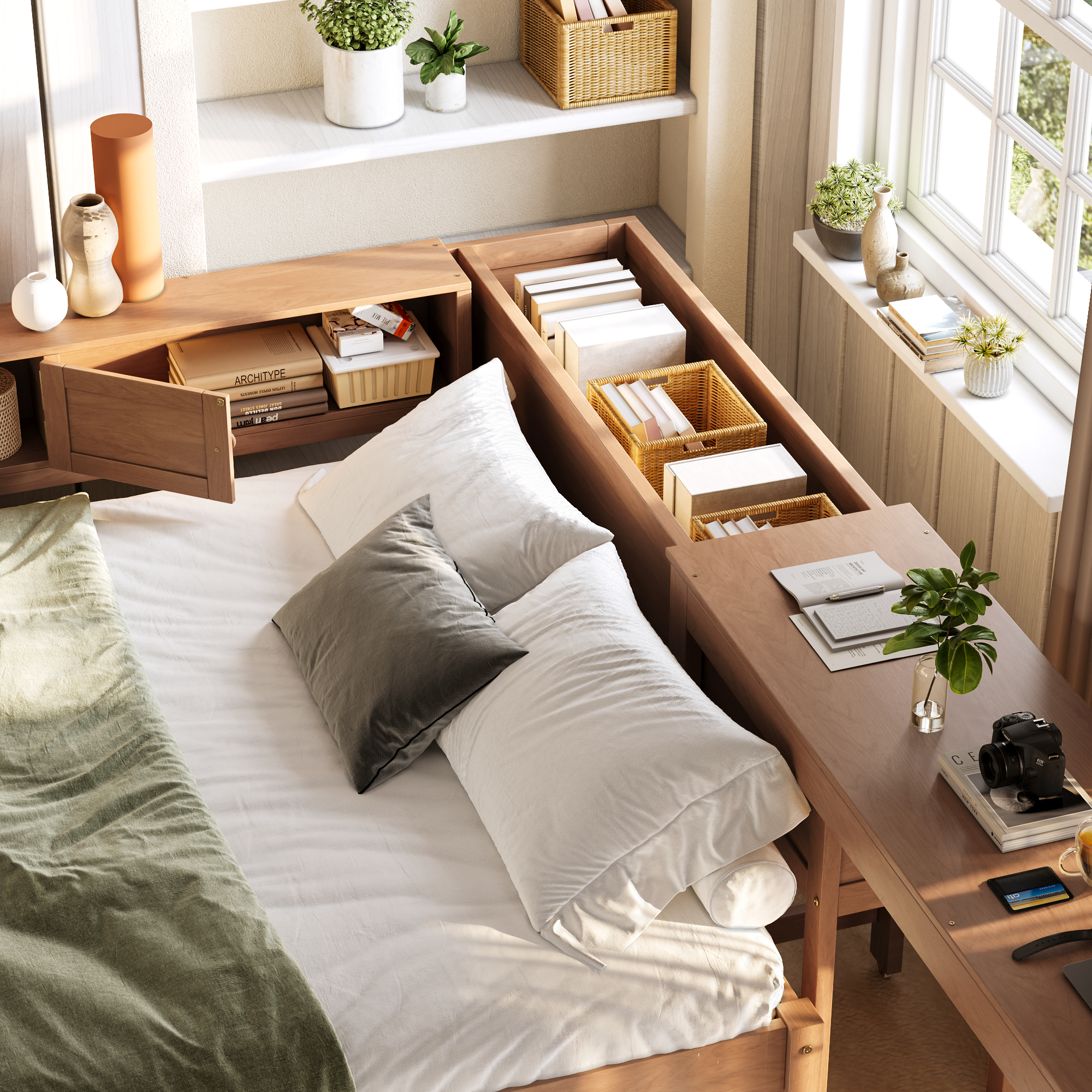 Full Size Daybed With Trundle,Wood Daybed Frame with Storage Drawers,Side Shelves and Desk,Vintage brown - Image 4