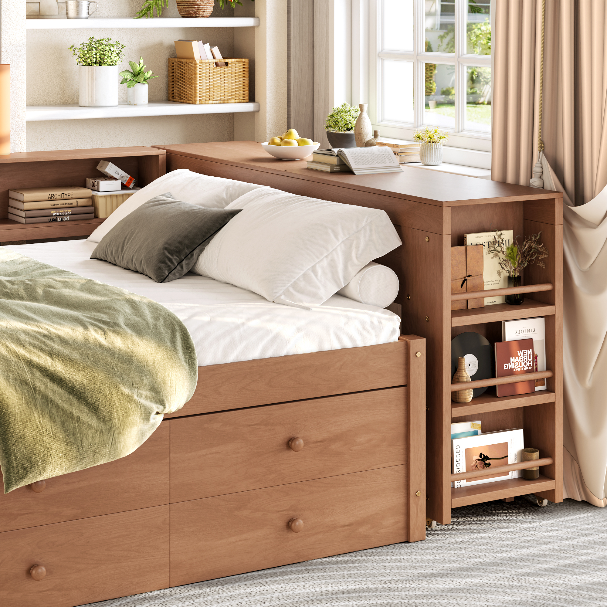 Full Size Daybed With Trundle,Wood Daybed Frame with Storage Drawers,Side Shelves and Desk,Vintage brown - Image 5