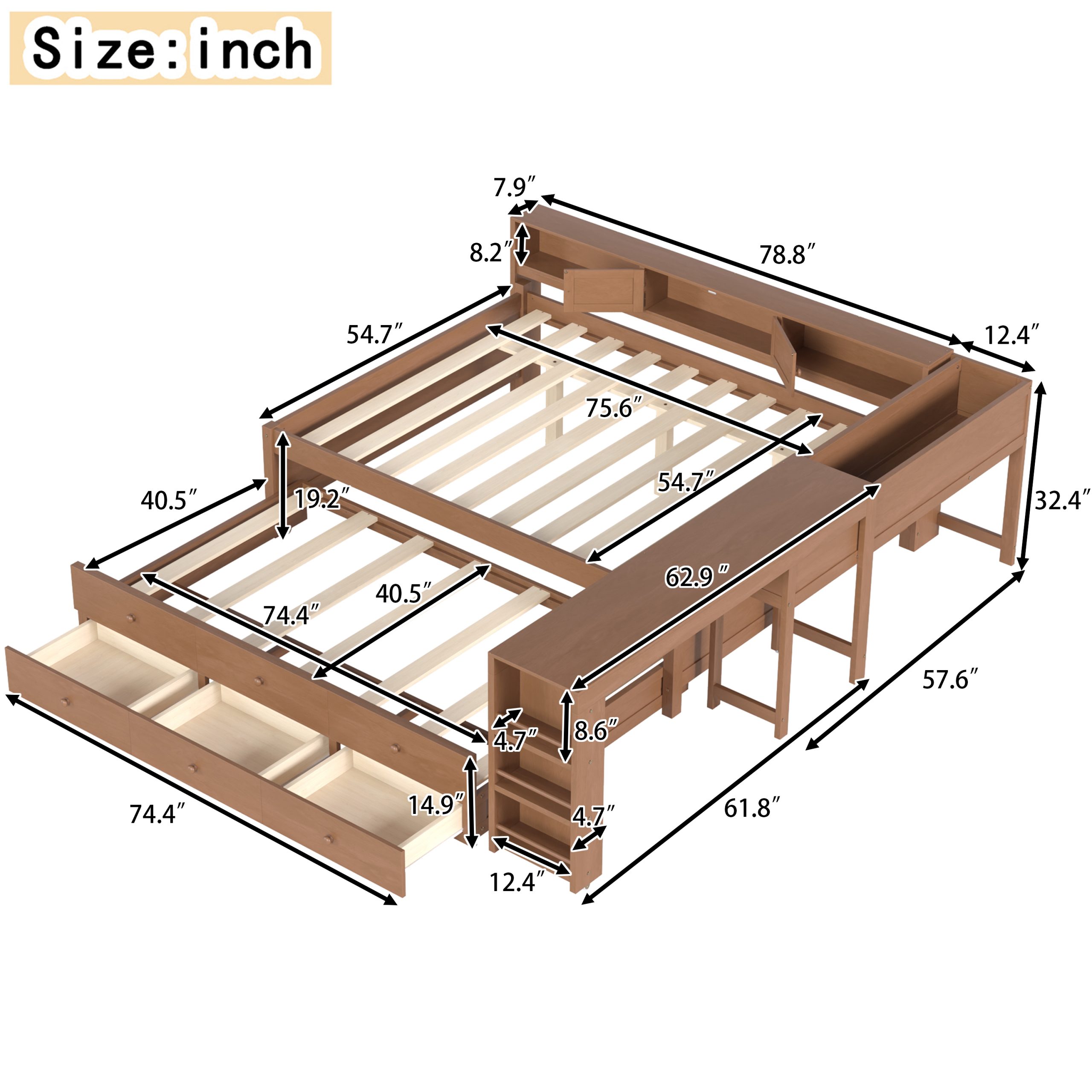 Full Size Daybed With Trundle,Wood Daybed Frame with Storage Drawers,Side Shelves and Desk,Vintage brown - Image 6