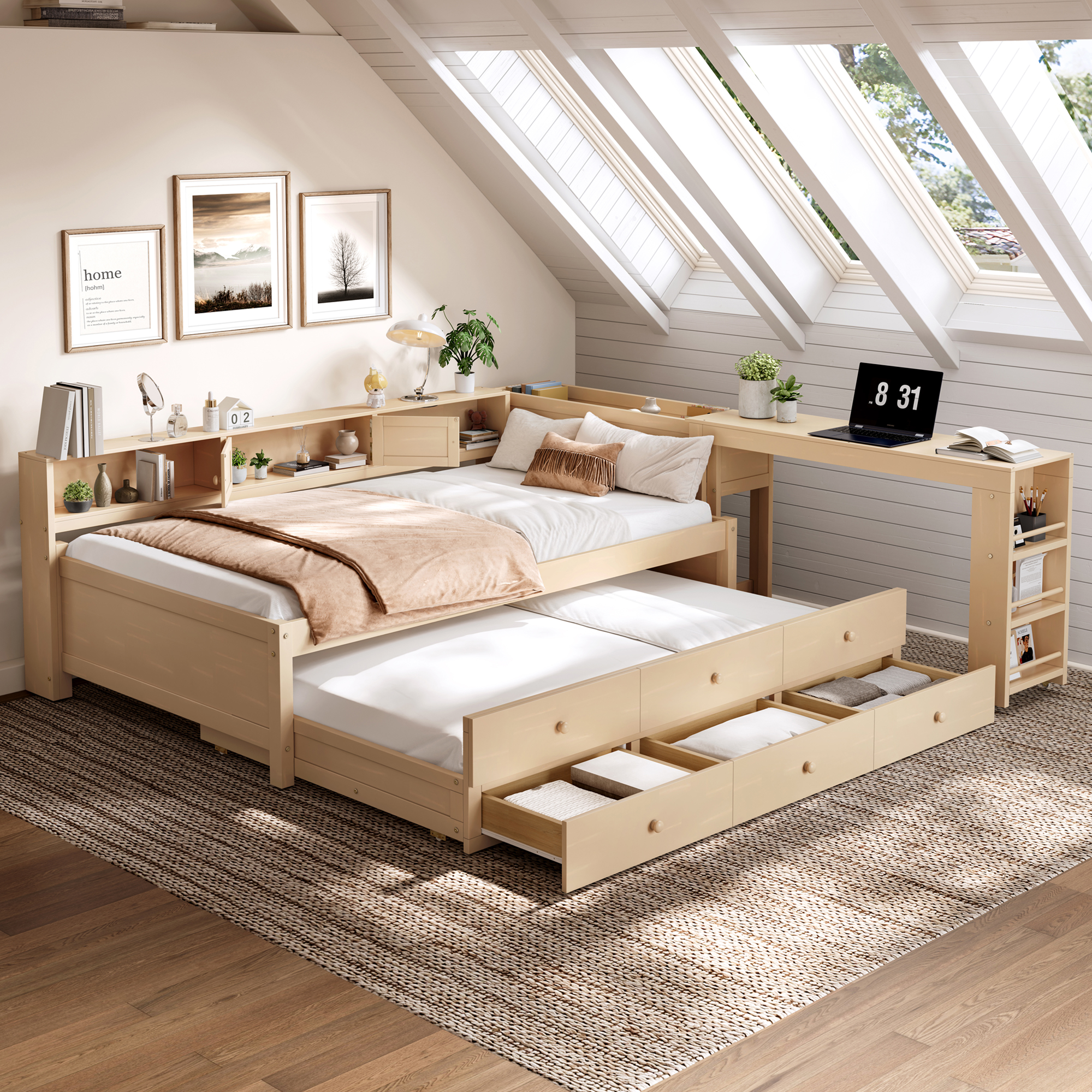 Twin Size Daybed With Trundle,Wood Daybed Frame with Storage Drawers,Side Shelves and Desk,Golden. - Image 1