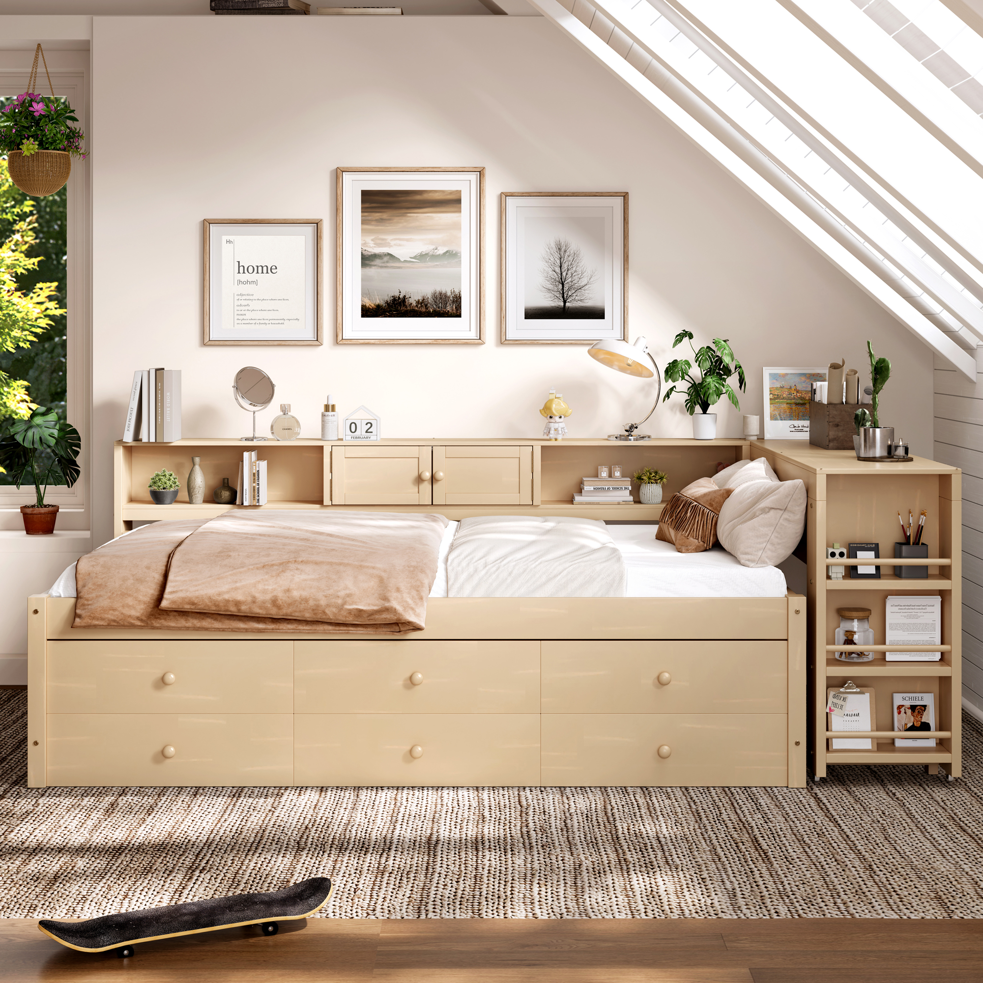 Twin Size Daybed With Trundle,Wood Daybed Frame with Storage Drawers,Side Shelves and Desk,Golden. - Image 2
