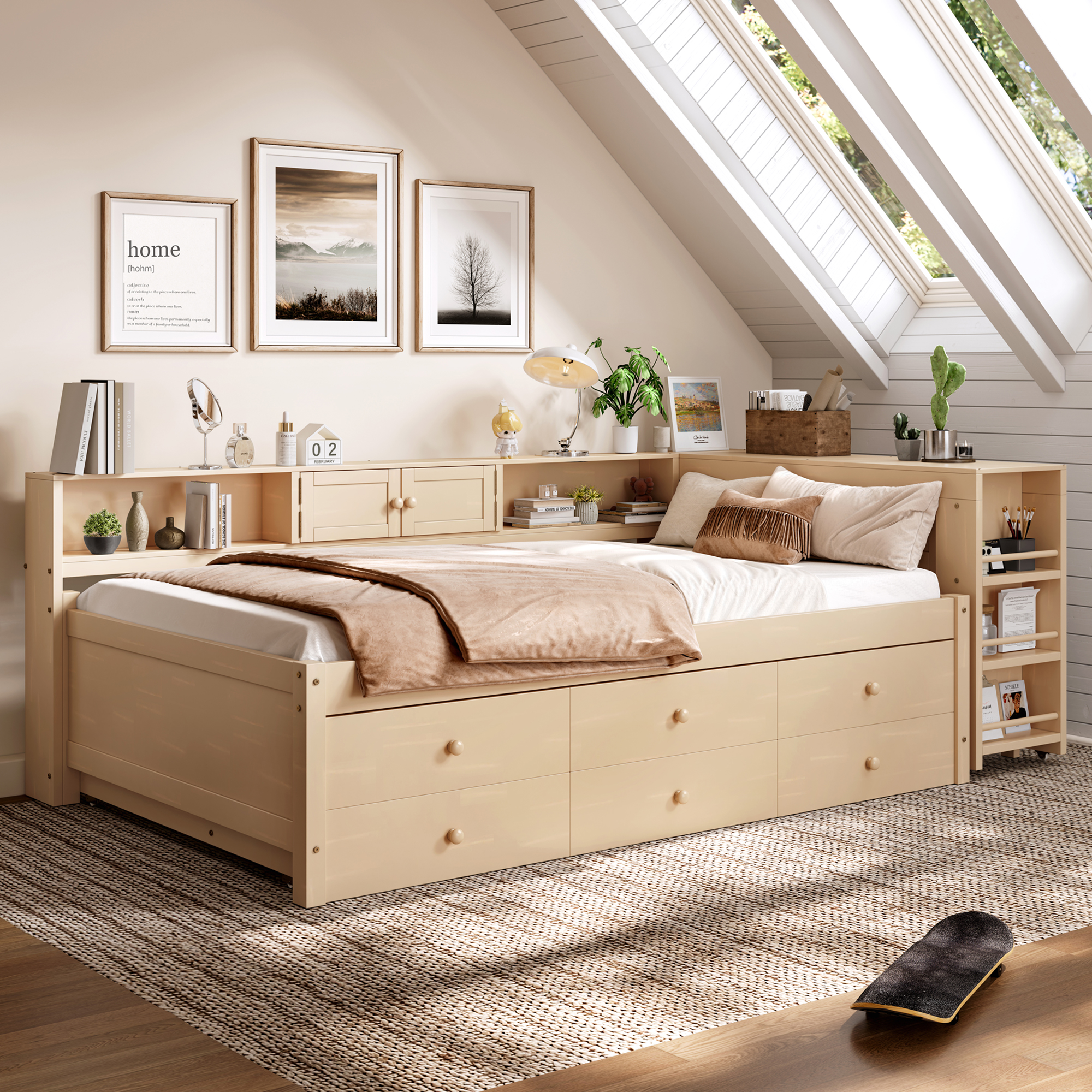 Twin Size Daybed With Trundle,Wood Daybed Frame with Storage Drawers,Side Shelves and Desk,Golden. - Image 3