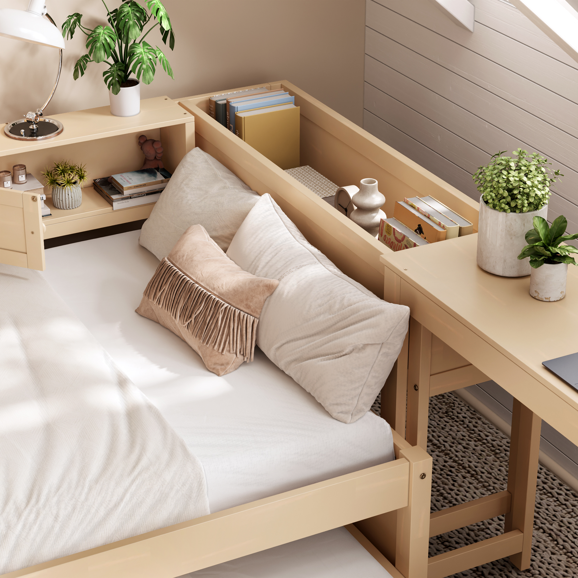 Twin Size Daybed With Trundle,Wood Daybed Frame with Storage Drawers,Side Shelves and Desk,Golden. - Image 4