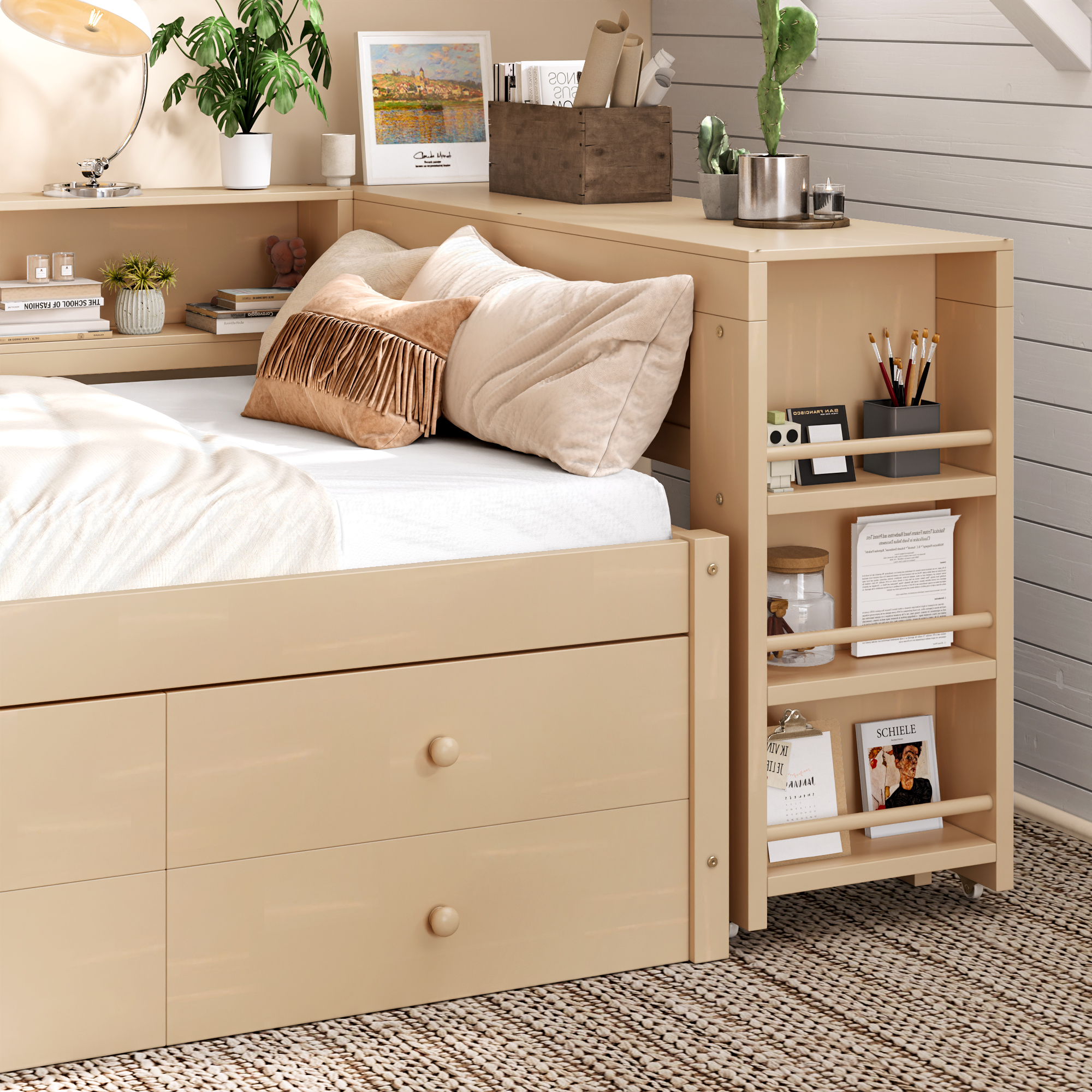 Twin Size Daybed With Trundle,Wood Daybed Frame with Storage Drawers,Side Shelves and Desk,Golden. - Image 5