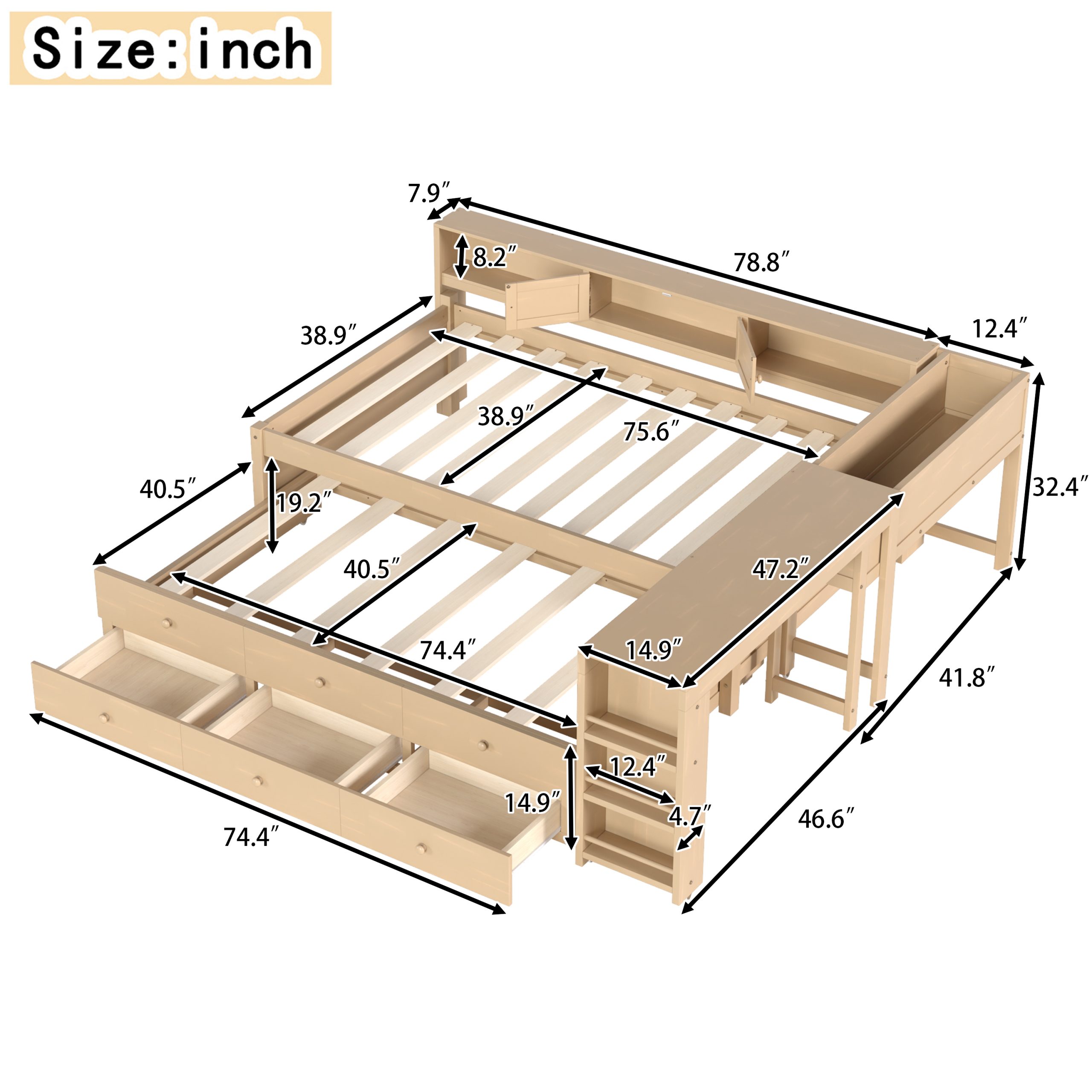 Twin Size Daybed With Trundle,Wood Daybed Frame with Storage Drawers,Side Shelves and Desk,Golden. - Image 6