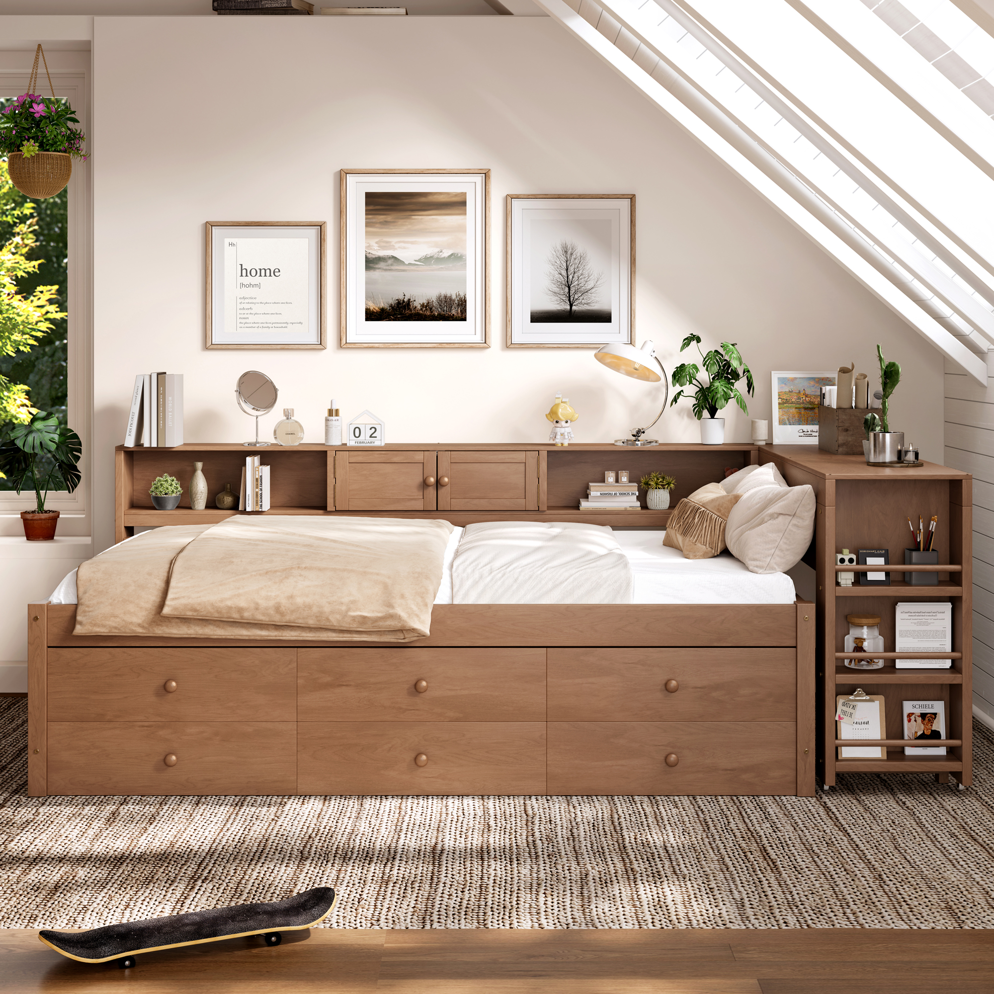 Twin Size Daybed With Trundle,Wood Daybed Frame with Storage Drawers,Side Shelves and Desk,Vintage Brown - Image 2