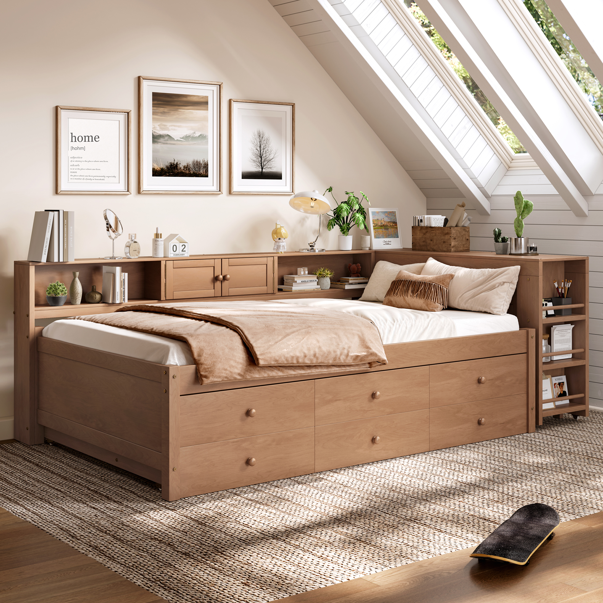 Twin Size Daybed With Trundle,Wood Daybed Frame with Storage Drawers,Side Shelves and Desk,Vintage Brown - Image 3