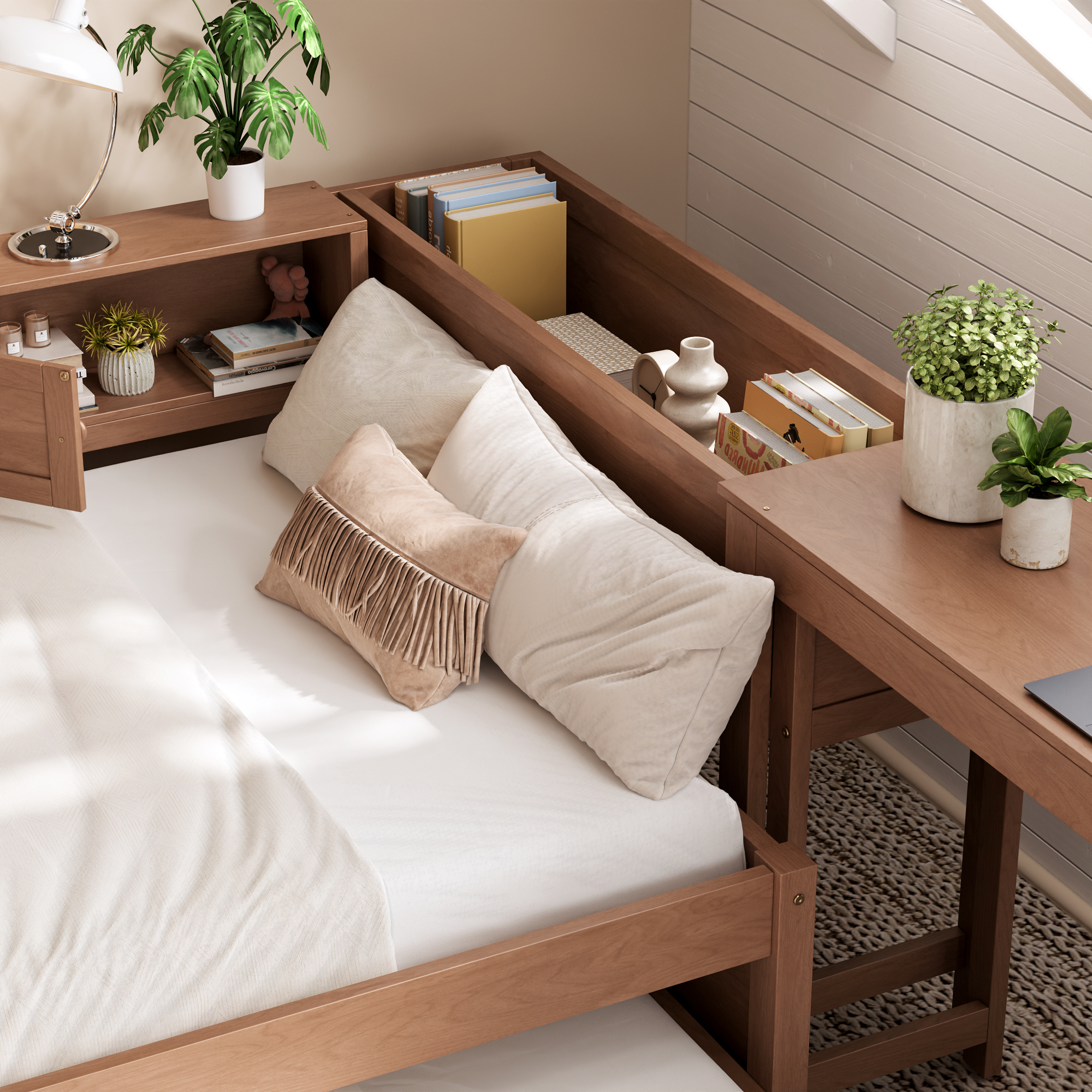 Twin Size Daybed With Trundle,Wood Daybed Frame with Storage Drawers,Side Shelves and Desk,Vintage Brown - Image 4