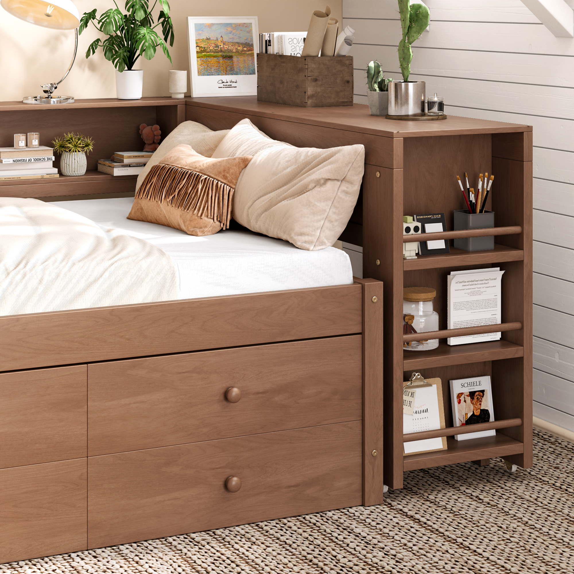 Twin Size Daybed With Trundle,Wood Daybed Frame with Storage Drawers,Side Shelves and Desk,Vintage Brown - Image 5