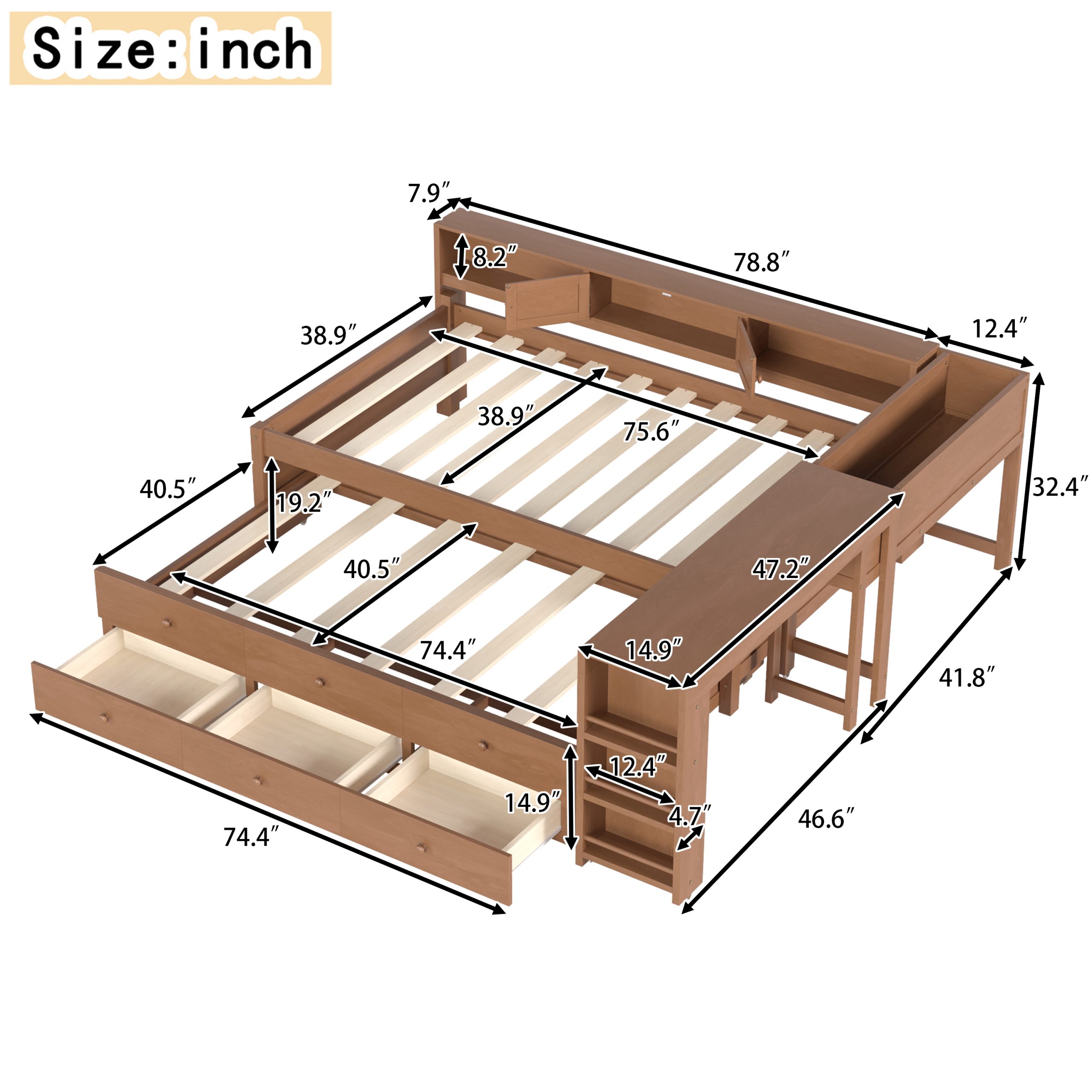 Twin Size Daybed With Trundle,Wood Daybed Frame with Storage Drawers,Side Shelves and Desk,Vintage Brown - Image 6