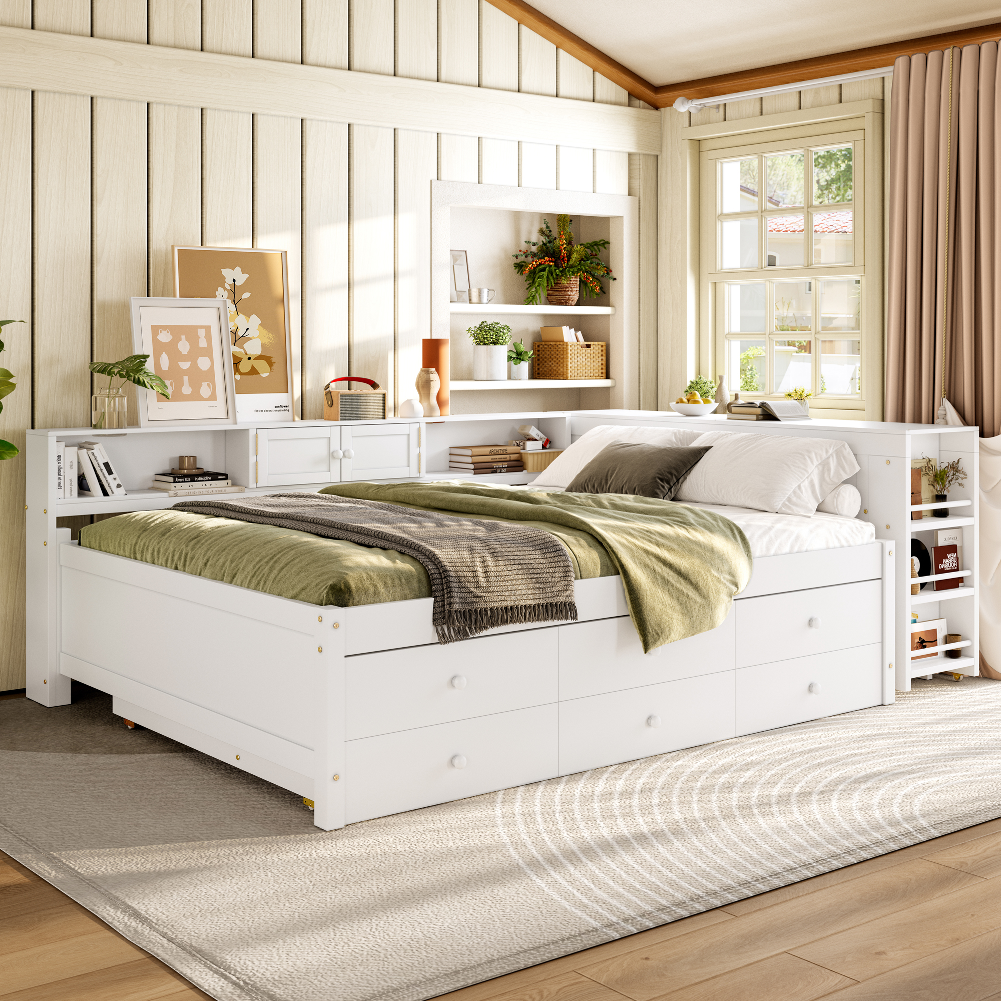 Full Size Daybed With Trundle,Wood Daybed Frame with Storage Drawers,Side Shelves and Desk,White - Image 2