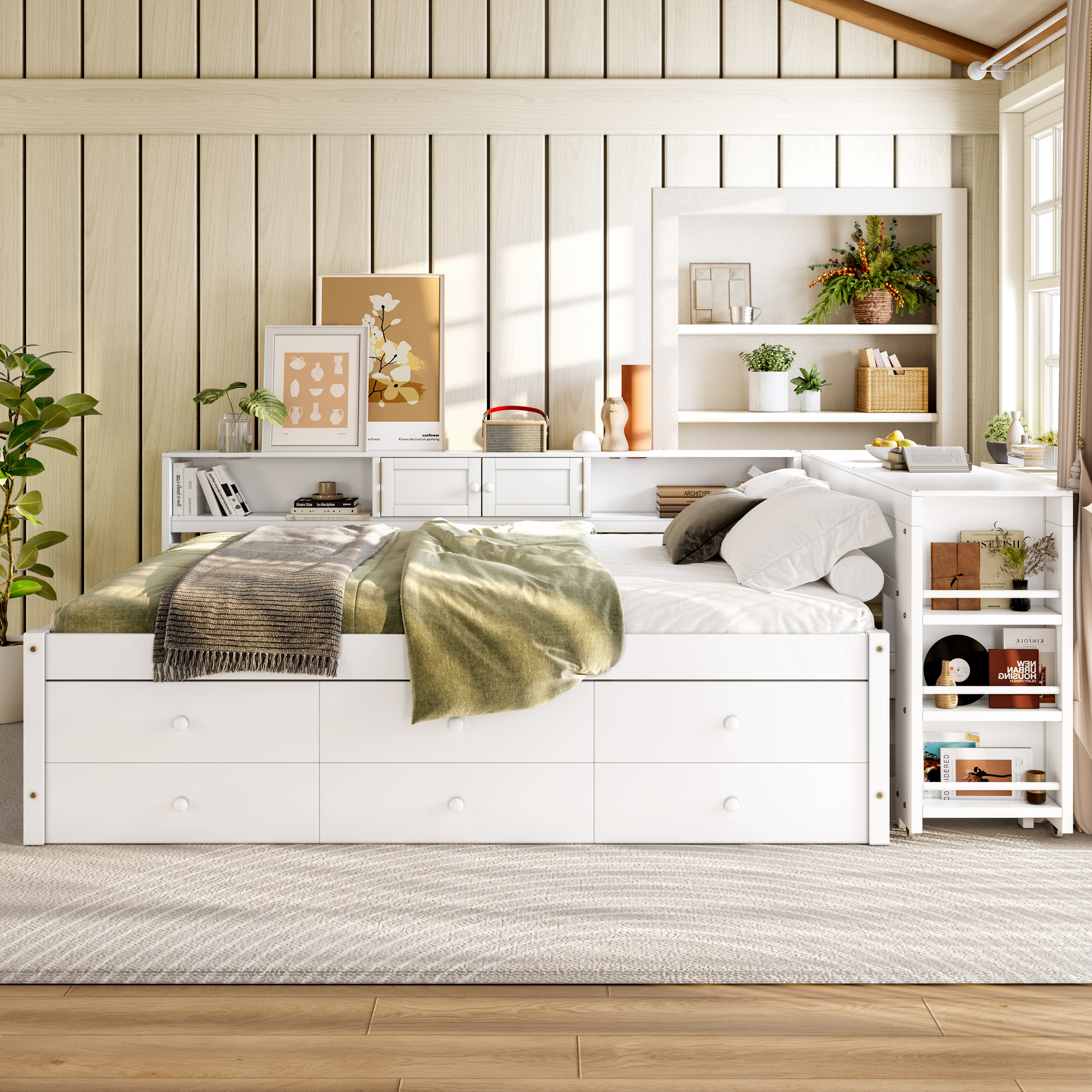 Full Size Daybed With Trundle,Wood Daybed Frame with Storage Drawers,Side Shelves and Desk,White - Image 3