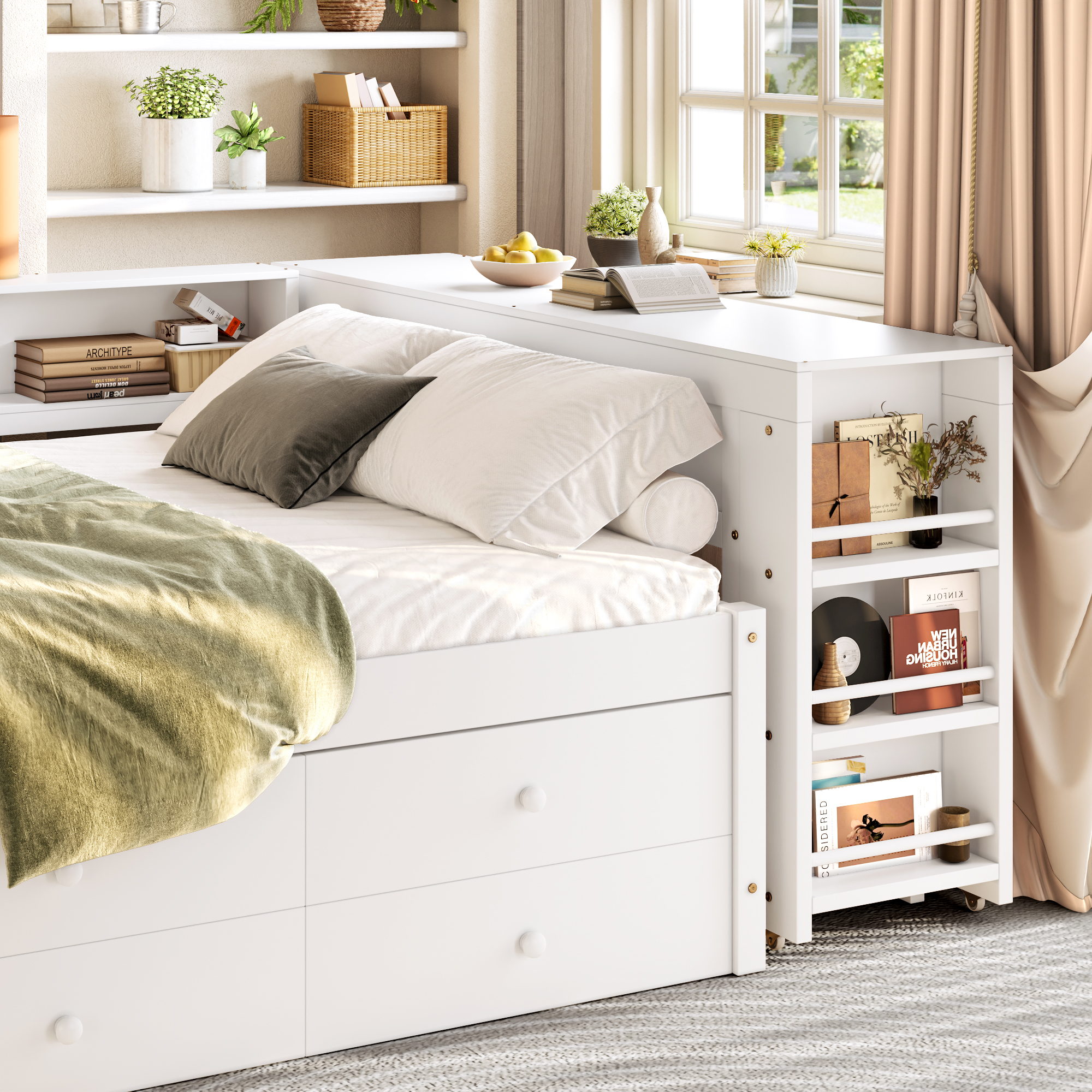 Full Size Daybed With Trundle,Wood Daybed Frame with Storage Drawers,Side Shelves and Desk,White - Image 4