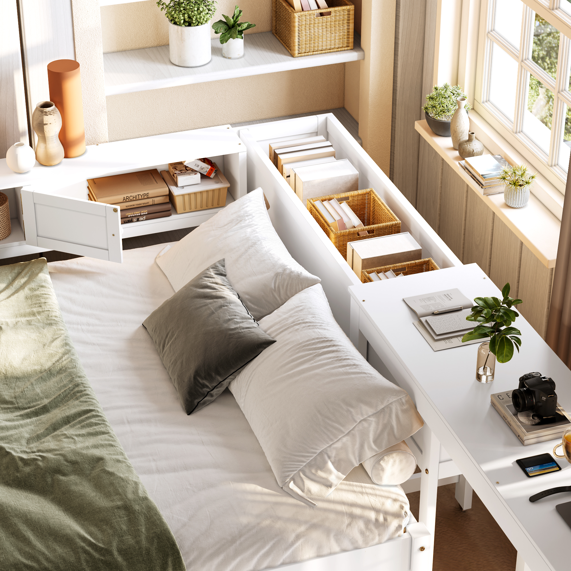 Full Size Daybed With Trundle,Wood Daybed Frame with Storage Drawers,Side Shelves and Desk,White - Image 5