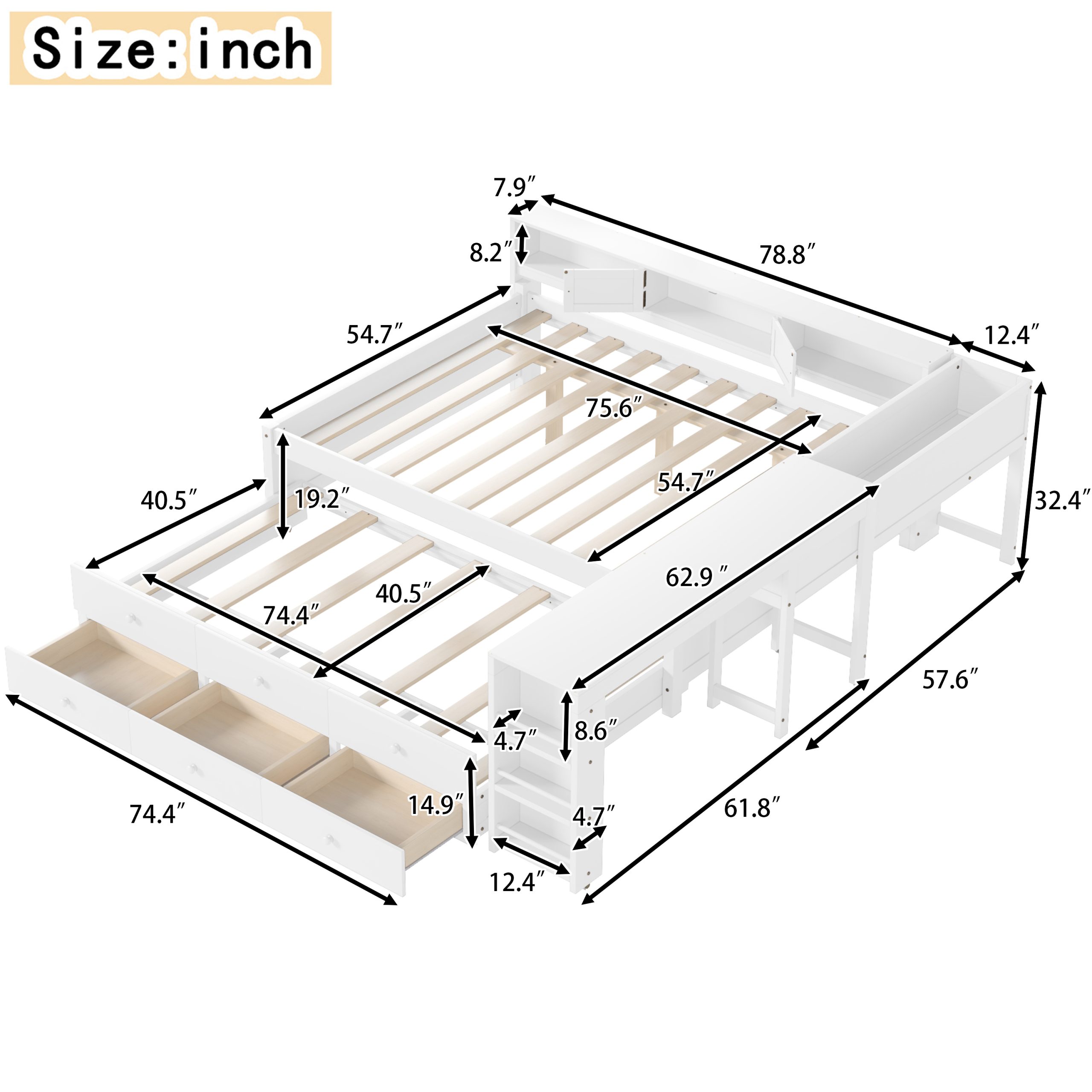 Full Size Daybed With Trundle,Wood Daybed Frame with Storage Drawers,Side Shelves and Desk,White - Image 6