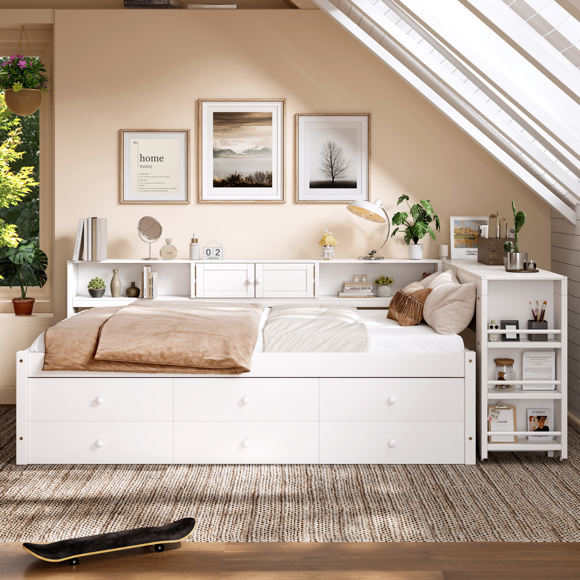 Twin Size Daybed With Trundle,Wood Daybed Frame with Storage Drawers,Side Shelves and Desk,White - Image 2