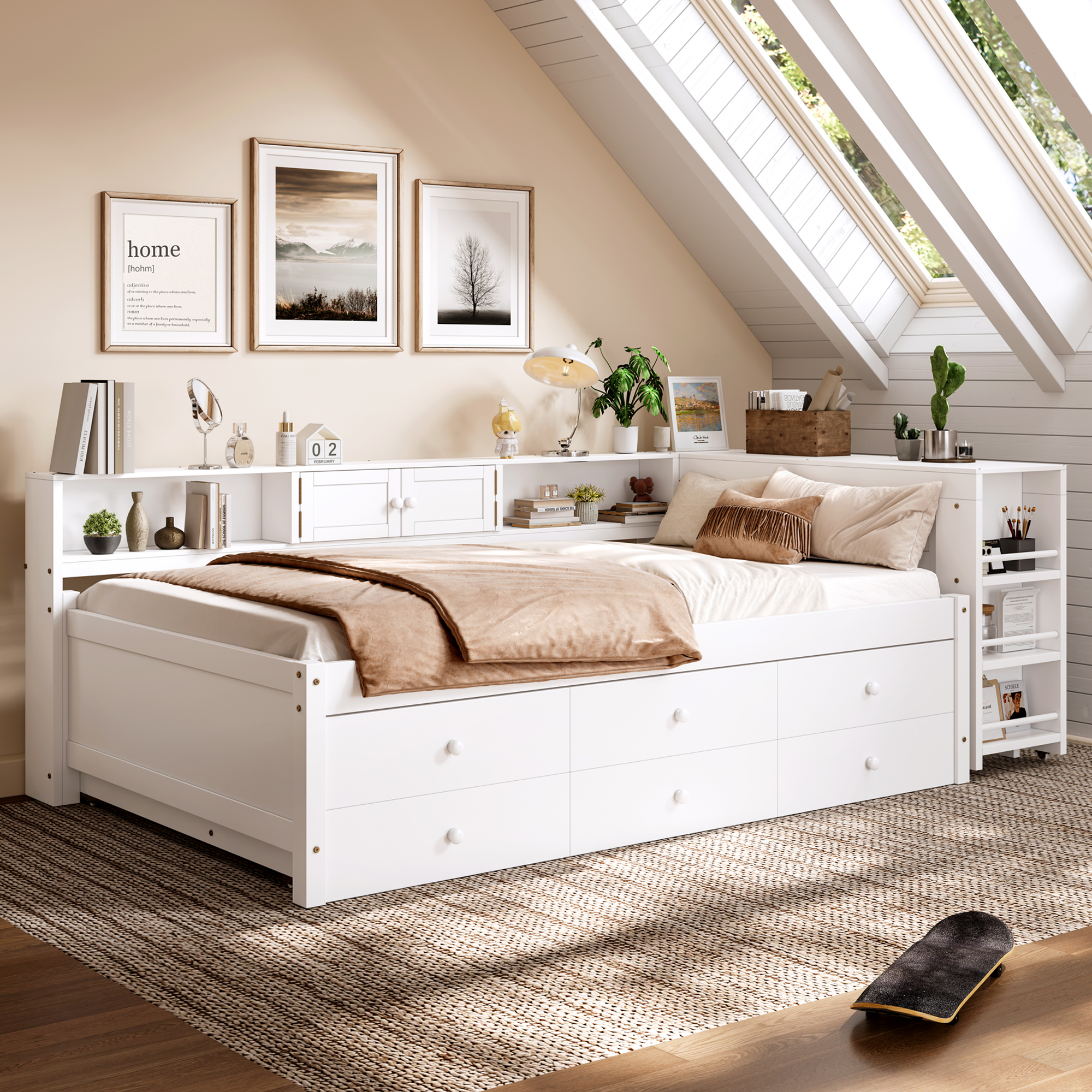 Twin Size Daybed With Trundle,Wood Daybed Frame with Storage Drawers,Side Shelves and Desk,White - Image 3