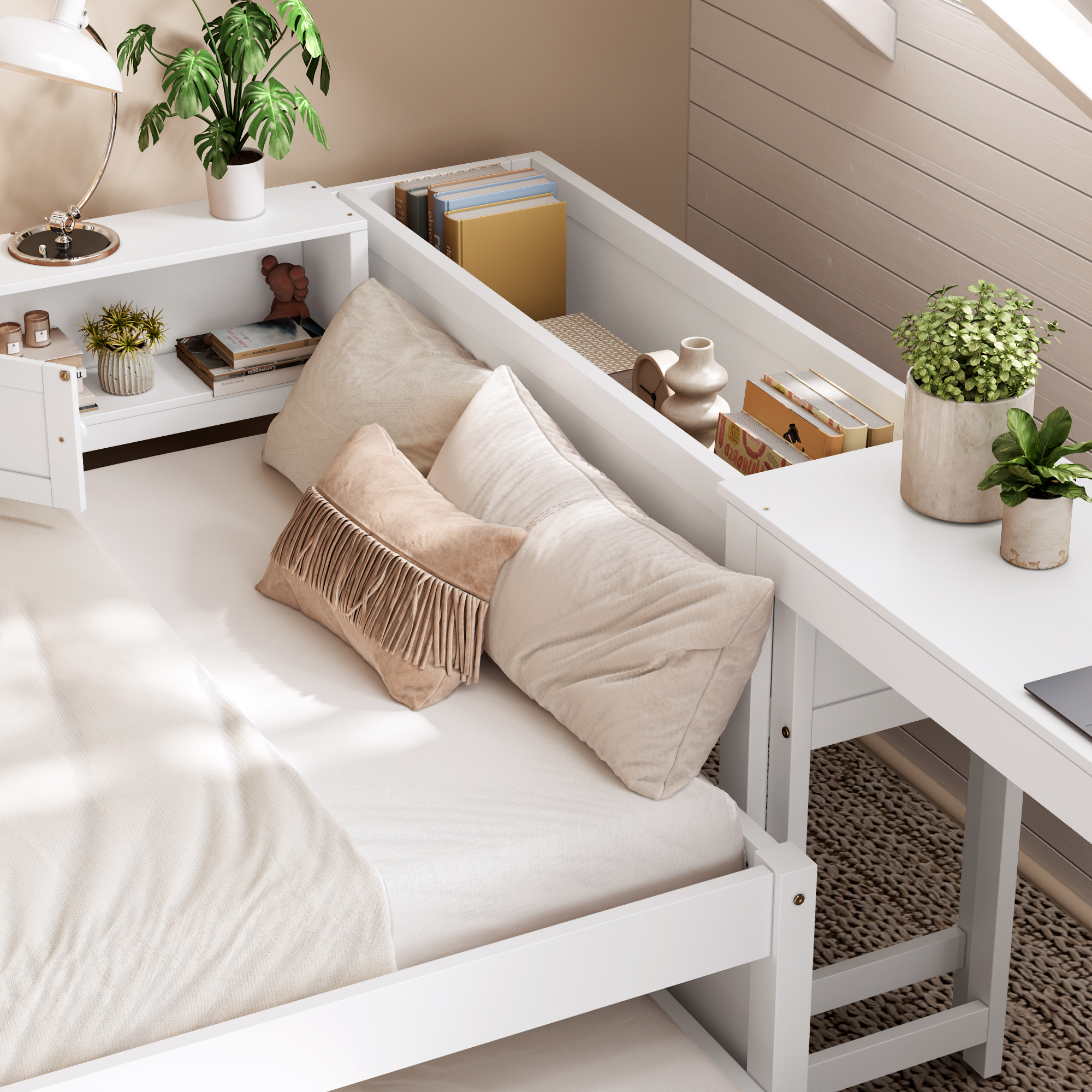 Twin Size Daybed With Trundle,Wood Daybed Frame with Storage Drawers,Side Shelves and Desk,White - Image 4