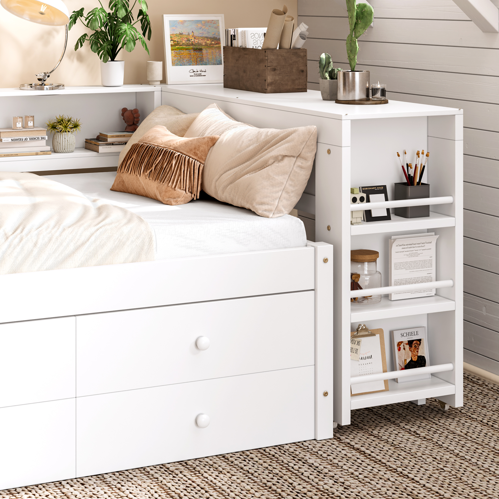 Twin Size Daybed With Trundle,Wood Daybed Frame with Storage Drawers,Side Shelves and Desk,White - Image 5