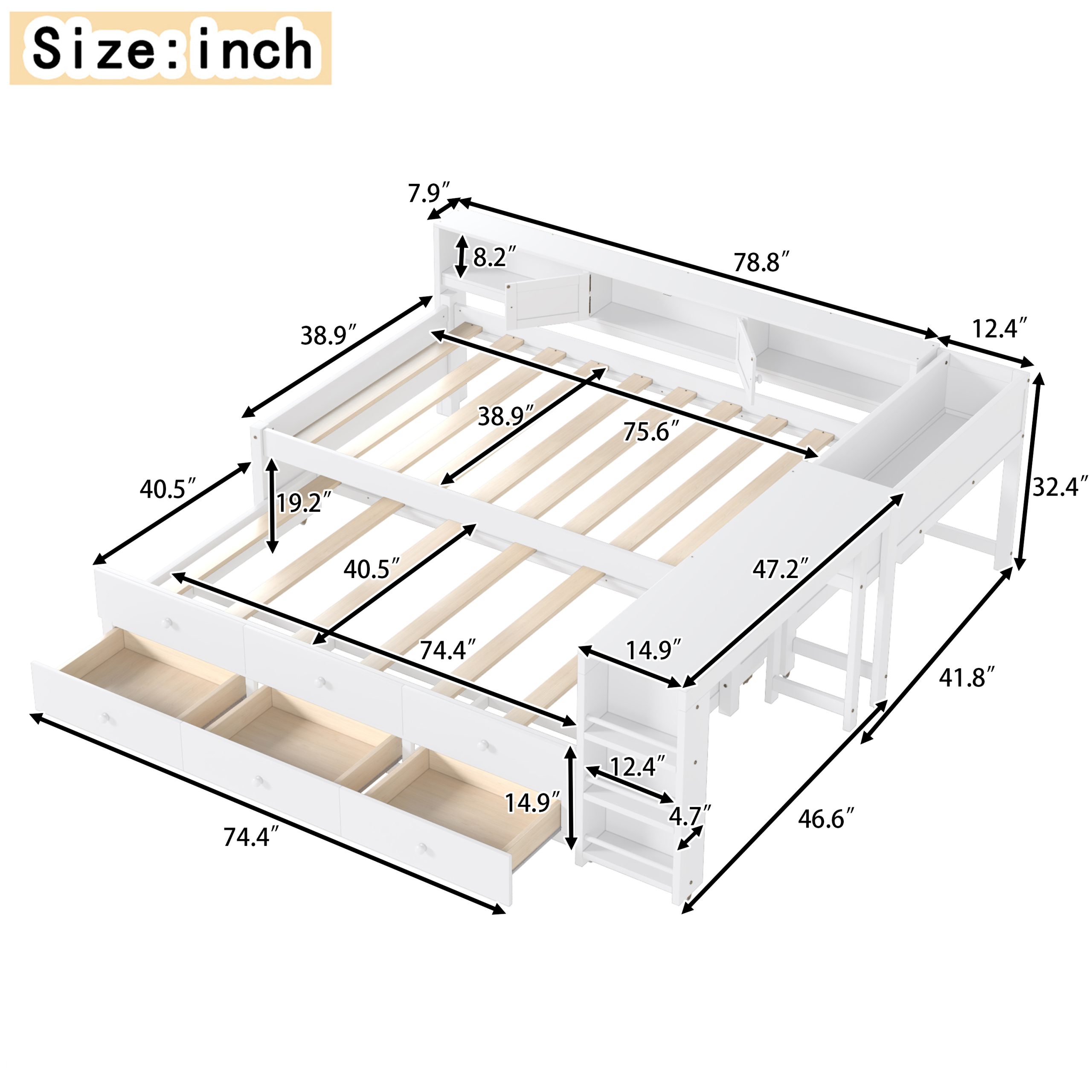 Twin Size Daybed With Trundle,Wood Daybed Frame with Storage Drawers,Side Shelves and Desk,White - Image 6