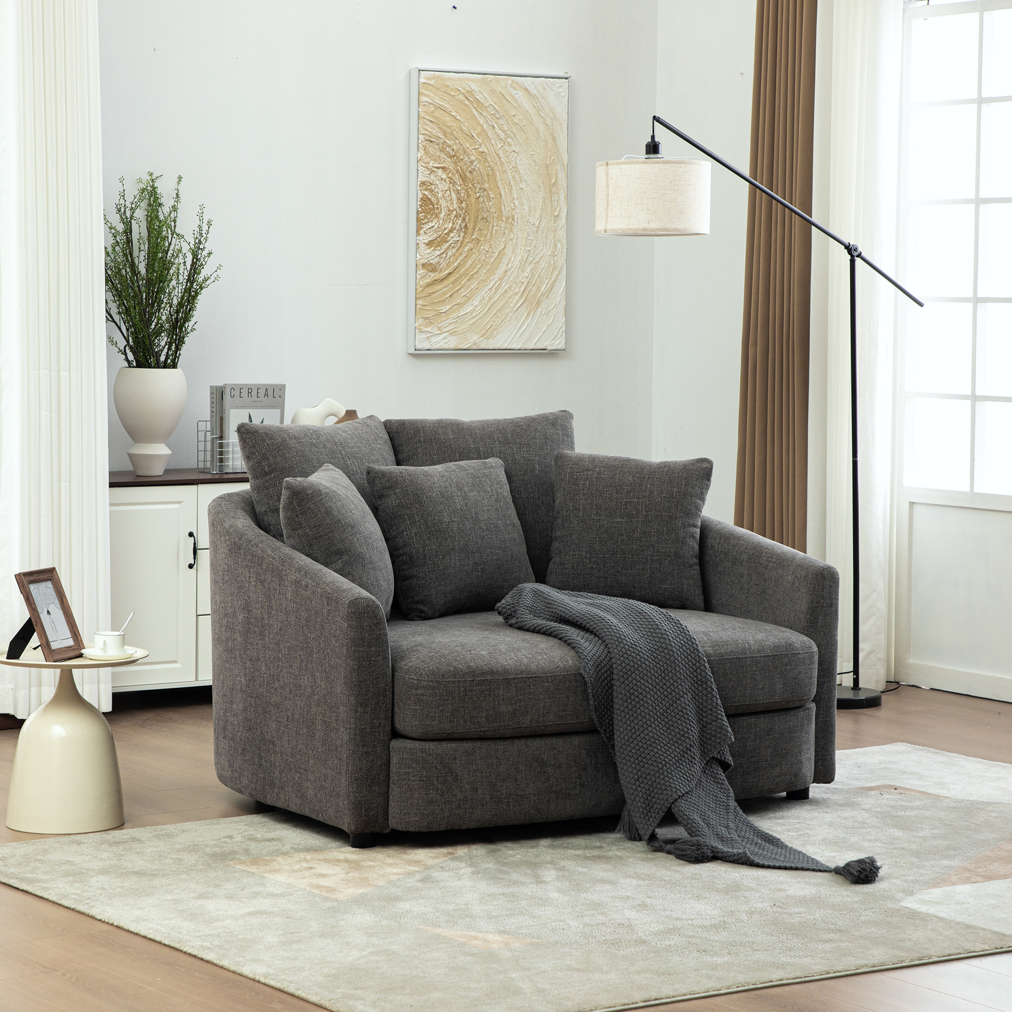 56.3” Wide Upholstered Round Accent Cuddle Chaise with Pillows, Cozy Oversized Slipcovered Barrel Lounger Chair with Deep Seat Reading Armchair for Club, Living Room, Bedroom, Office, Lounge, Gray