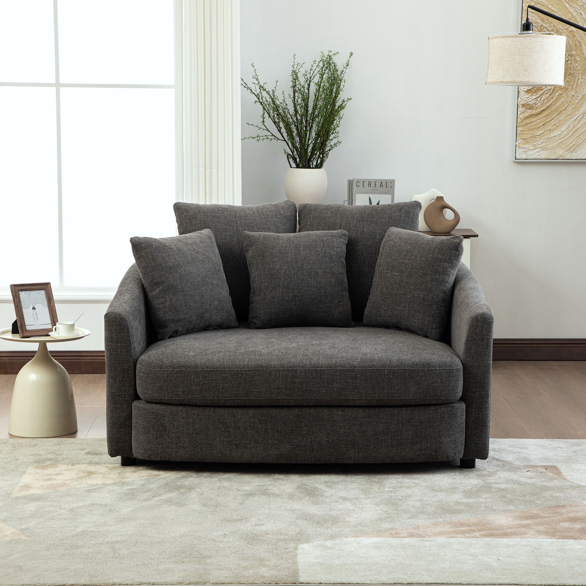 56.3'' Wide Upholstered Round Accent Cuddle Chaise with Pillows, Cozy Oversized Slipcovered Barrel Lounger Chair with Deep Seat Reading Armchair for Club, Living Room, Bedroom, Office, Lounge, Gray - Image 2