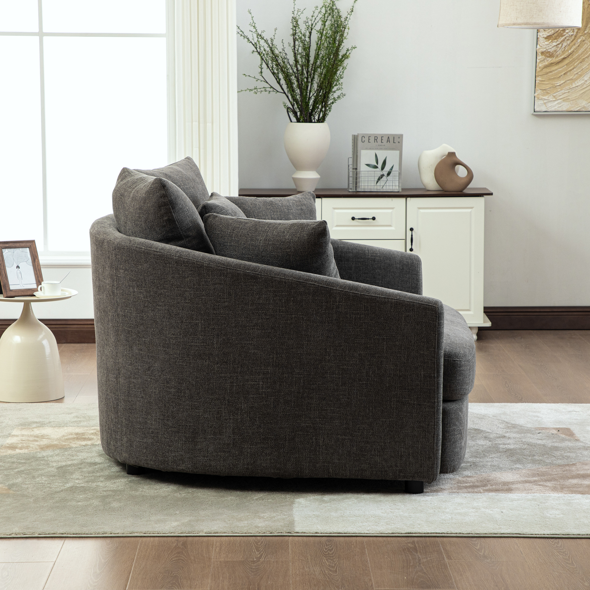 56.3'' Wide Upholstered Round Accent Cuddle Chaise with Pillows, Cozy Oversized Slipcovered Barrel Lounger Chair with Deep Seat Reading Armchair for Club, Living Room, Bedroom, Office, Lounge, Gray - Image 3