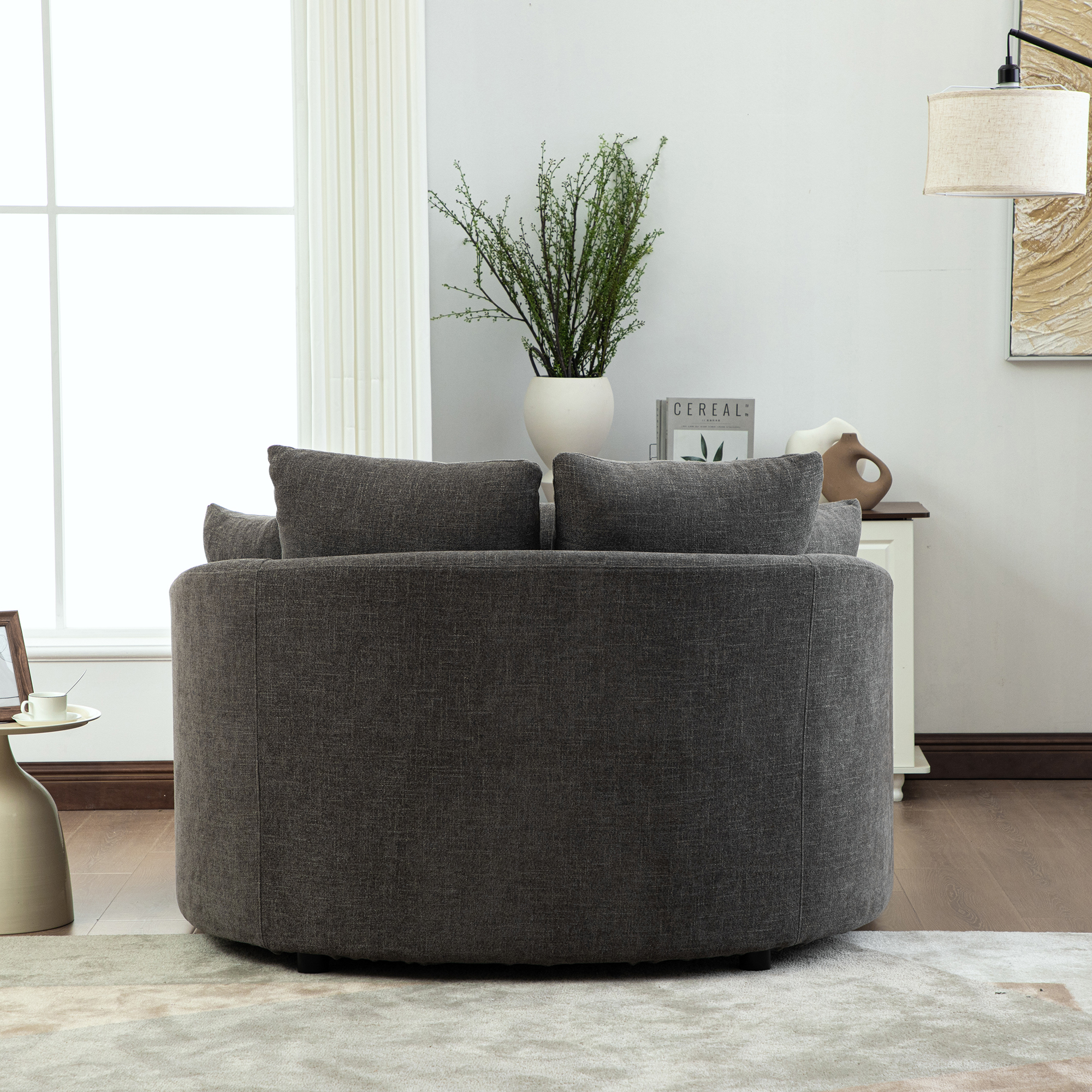 56.3'' Wide Upholstered Round Accent Cuddle Chaise with Pillows, Cozy Oversized Slipcovered Barrel Lounger Chair with Deep Seat Reading Armchair for Club, Living Room, Bedroom, Office, Lounge, Gray - Image 4