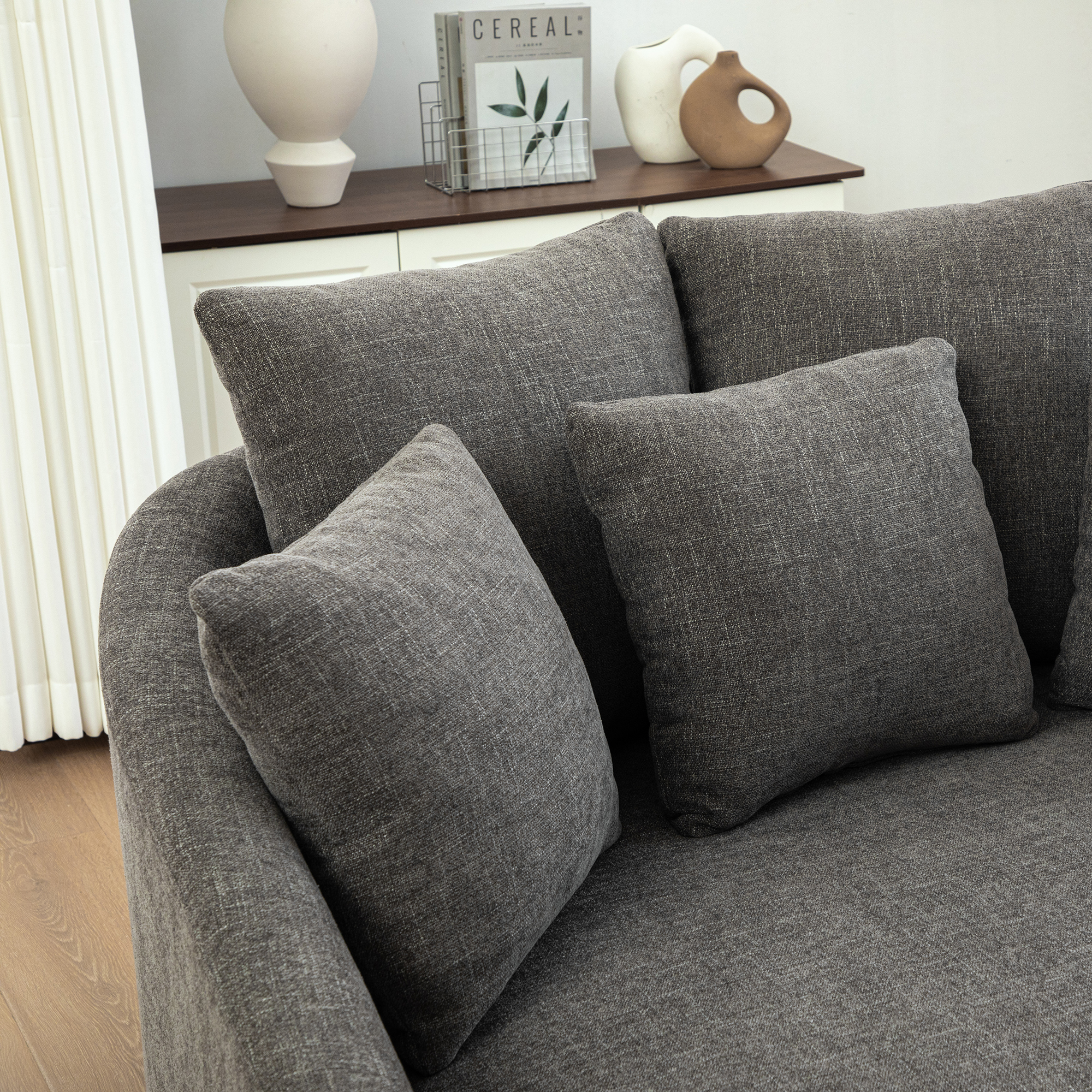 56.3'' Wide Upholstered Round Accent Cuddle Chaise with Pillows, Cozy Oversized Slipcovered Barrel Lounger Chair with Deep Seat Reading Armchair for Club, Living Room, Bedroom, Office, Lounge, Gray - Image 6