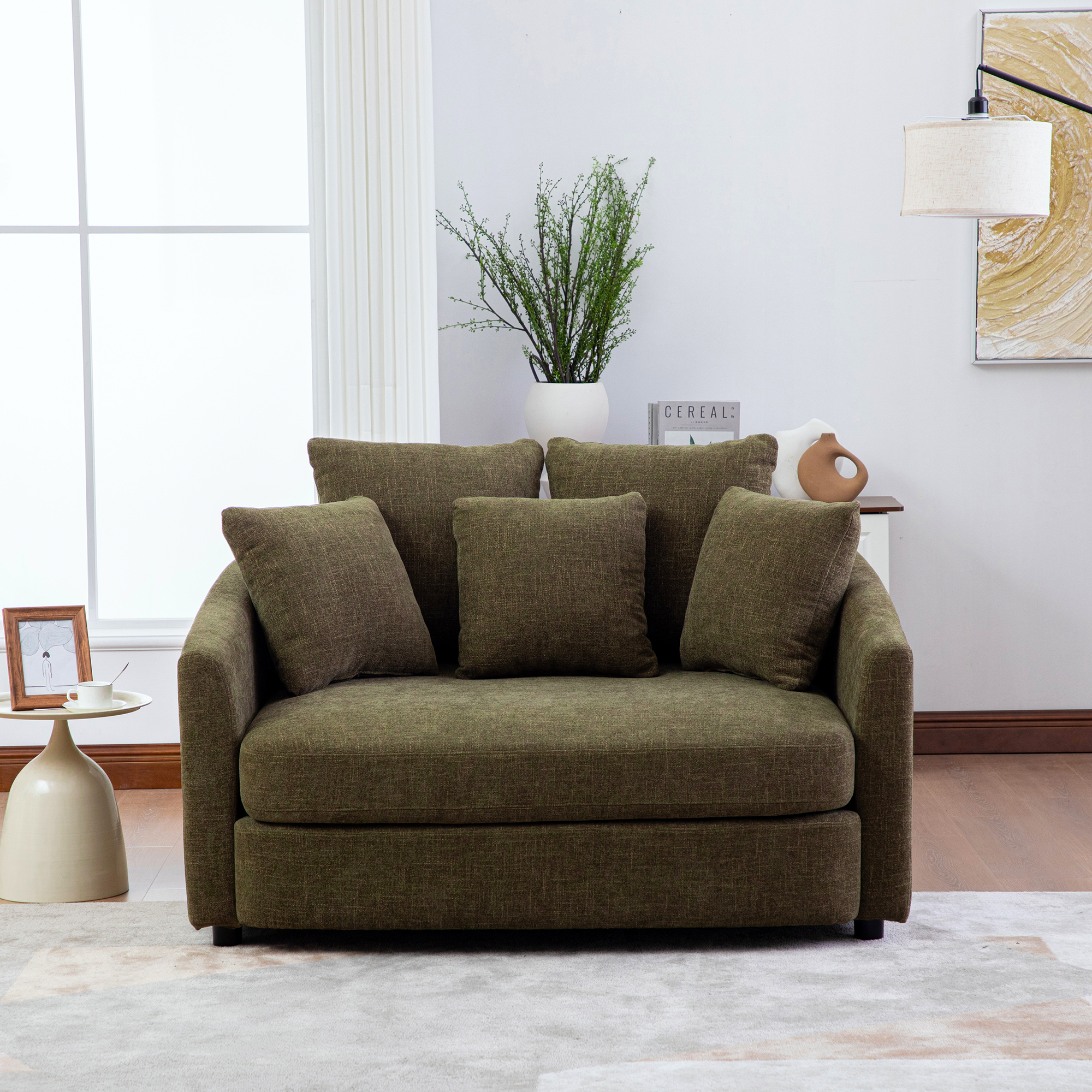 56.3'' Wide Upholstered Round Accent Cuddle Chaise with Pillows, Cozy Oversized Slipcovered Barrel Lounger Chair with Deep Seat Reading Armchair for Club, Living Room, Bedroom, Office, Lounge, Green - Image 2