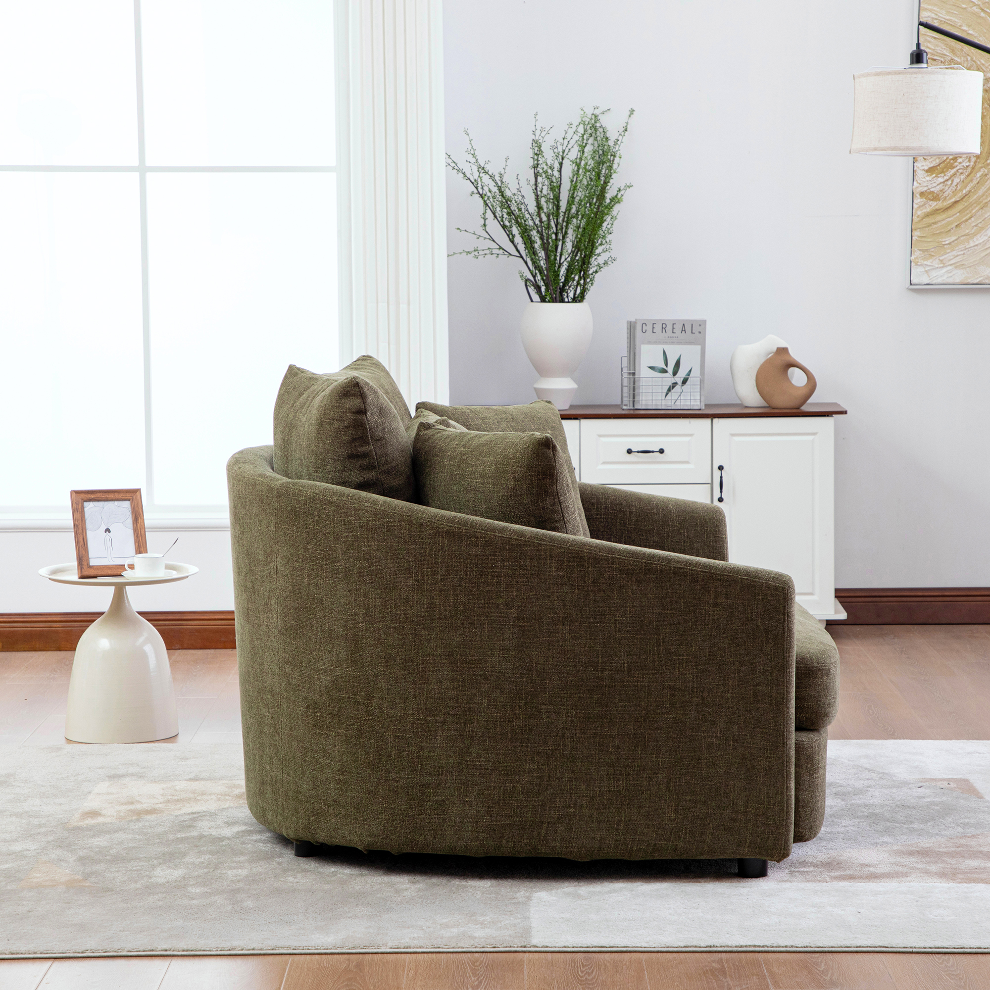 56.3'' Wide Upholstered Round Accent Cuddle Chaise with Pillows, Cozy Oversized Slipcovered Barrel Lounger Chair with Deep Seat Reading Armchair for Club, Living Room, Bedroom, Office, Lounge, Green - Image 3