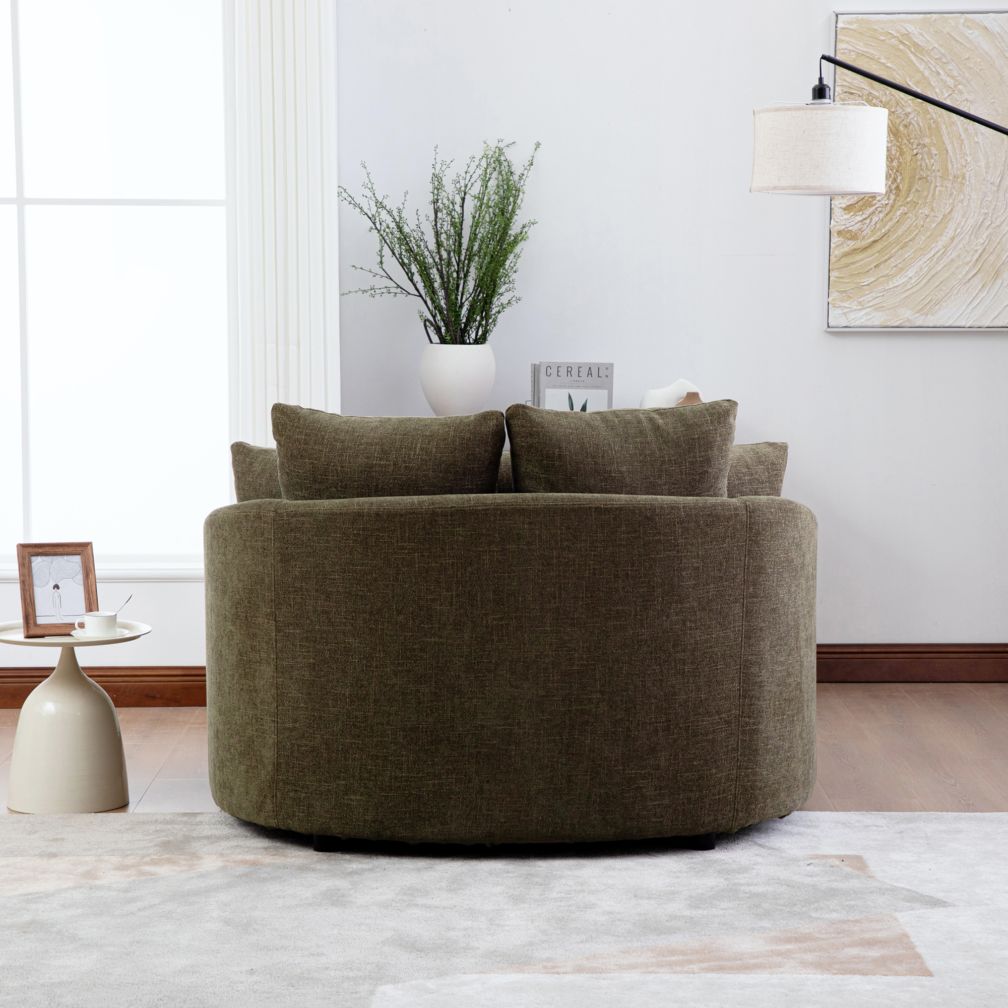 56.3'' Wide Upholstered Round Accent Cuddle Chaise with Pillows, Cozy Oversized Slipcovered Barrel Lounger Chair with Deep Seat Reading Armchair for Club, Living Room, Bedroom, Office, Lounge, Green - Image 4