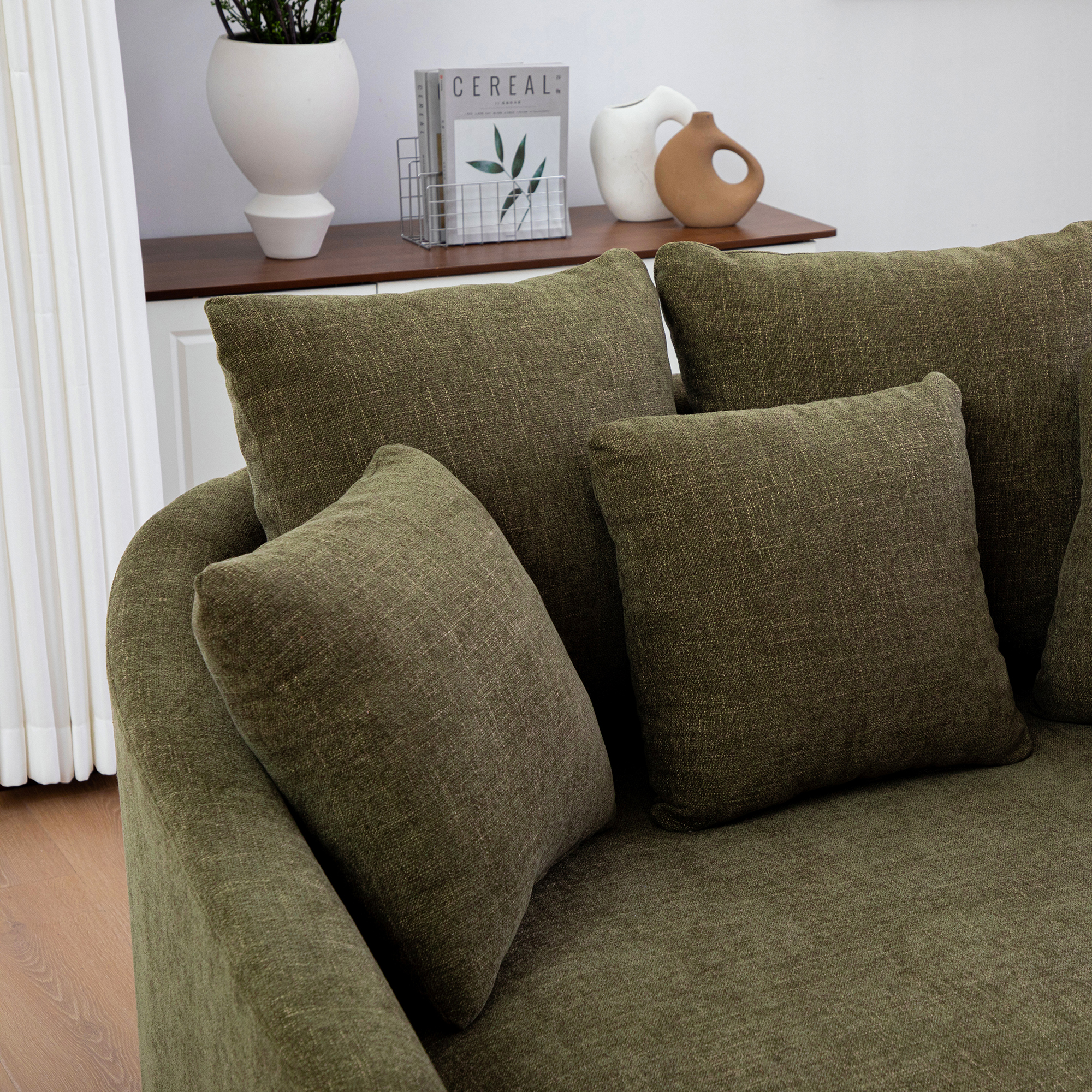 56.3'' Wide Upholstered Round Accent Cuddle Chaise with Pillows, Cozy Oversized Slipcovered Barrel Lounger Chair with Deep Seat Reading Armchair for Club, Living Room, Bedroom, Office, Lounge, Green - Image 6