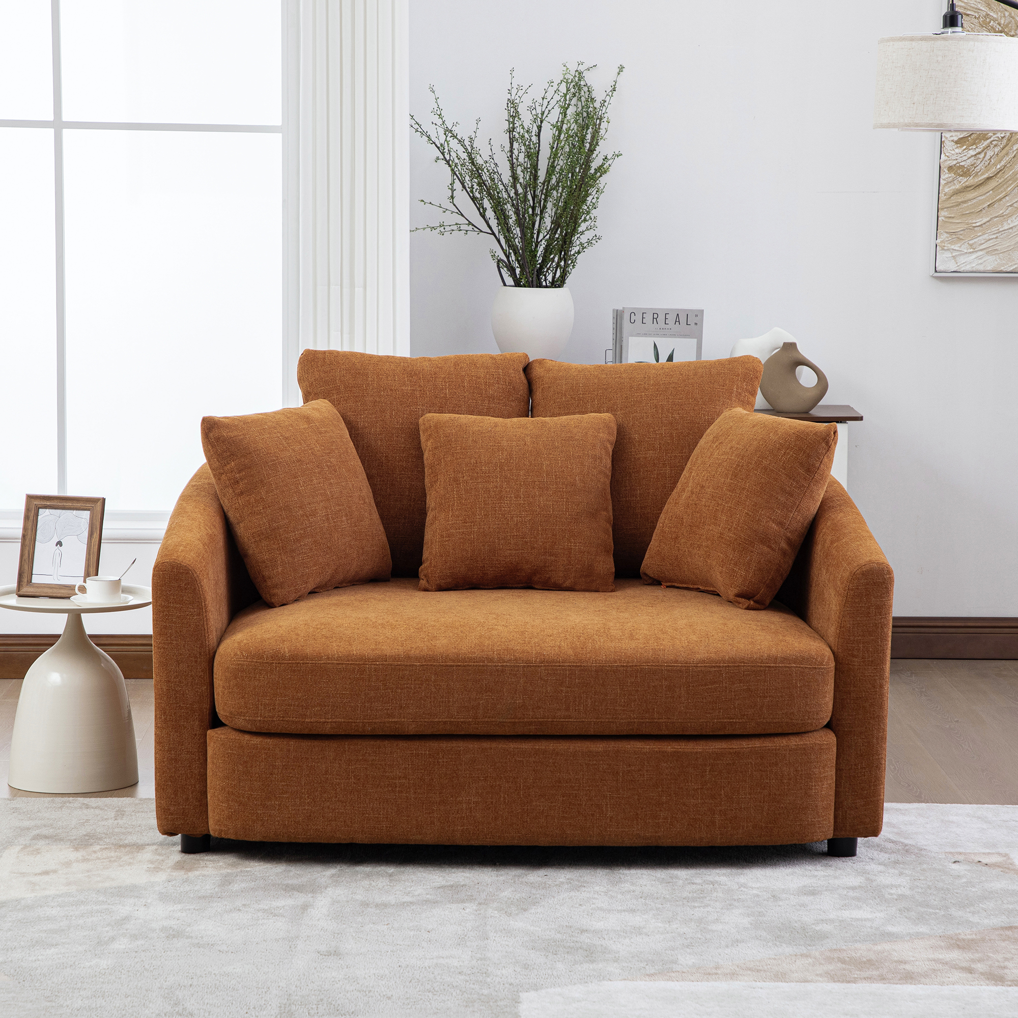 56.3'' Wide Upholstered Round Accent Cuddle Chaise with Pillows, Cozy Oversized Slipcovered Barrel Lounger Chair with Deep Seat Reading Armchair for Club, Living Room, Bedroom, Office, Lounge, Orange - Image 2