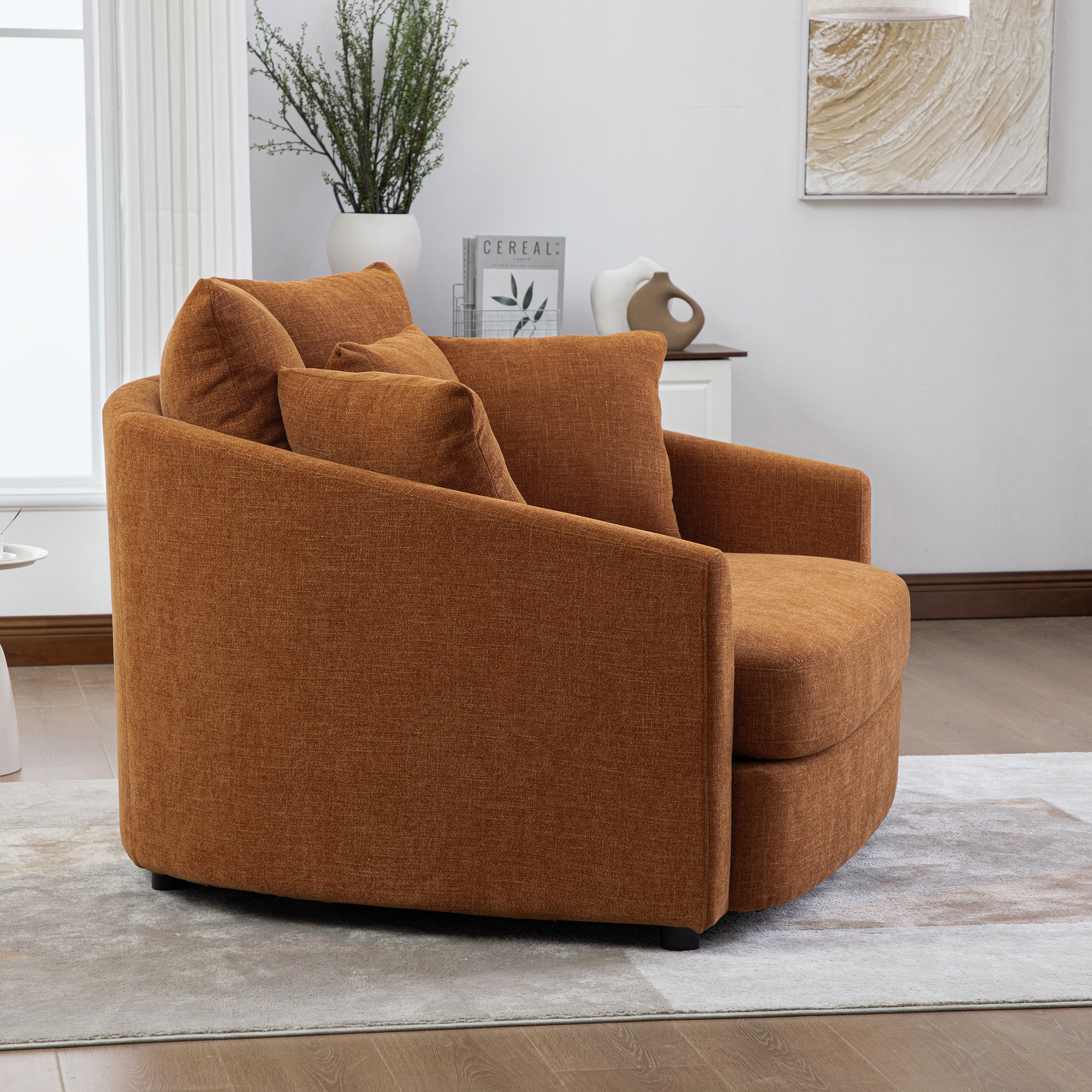 56.3'' Wide Upholstered Round Accent Cuddle Chaise with Pillows, Cozy Oversized Slipcovered Barrel Lounger Chair with Deep Seat Reading Armchair for Club, Living Room, Bedroom, Office, Lounge, Orange - Image 3