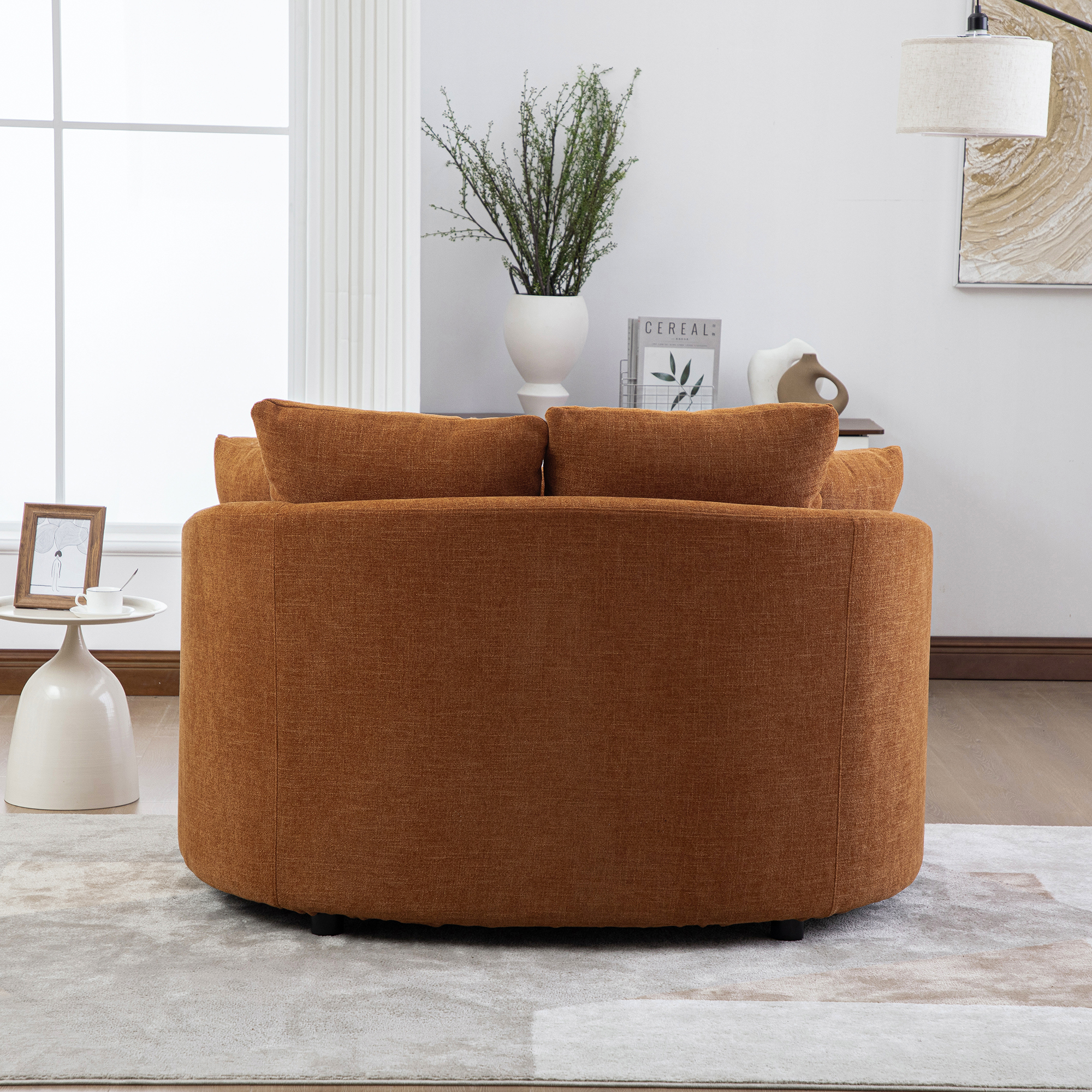 56.3'' Wide Upholstered Round Accent Cuddle Chaise with Pillows, Cozy Oversized Slipcovered Barrel Lounger Chair with Deep Seat Reading Armchair for Club, Living Room, Bedroom, Office, Lounge, Orange - Image 4