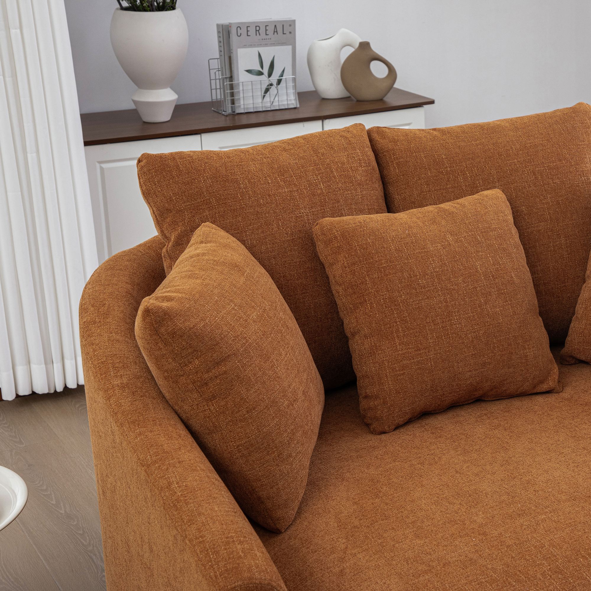 56.3'' Wide Upholstered Round Accent Cuddle Chaise with Pillows, Cozy Oversized Slipcovered Barrel Lounger Chair with Deep Seat Reading Armchair for Club, Living Room, Bedroom, Office, Lounge, Orange - Image 6
