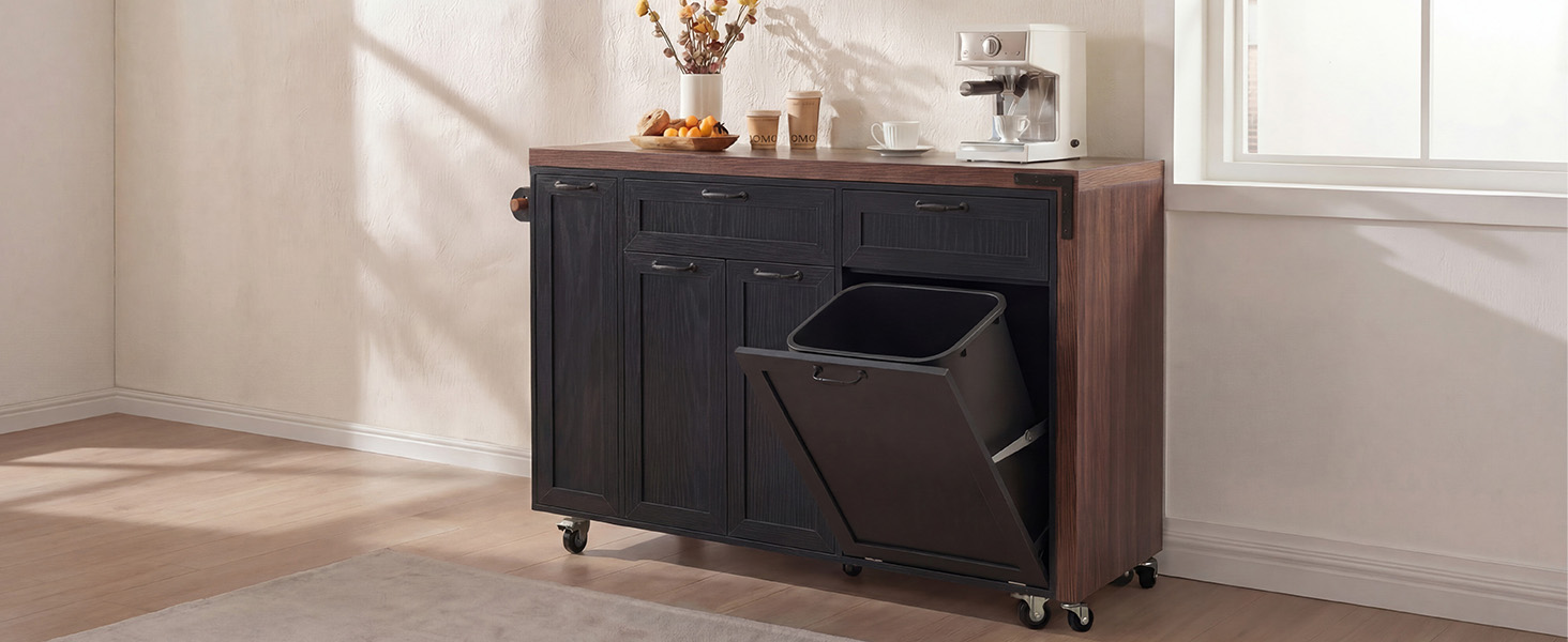 K&K 102.3" Kitchen Island with Extendable Dining Table, Kitchen Rolling Island Cart with Trash Storage Cabinet, 3-Tier Pull-Out Spice Rack, Mobile Island Table on Wheels for Kitchen, Dining Room,Black - Image 3