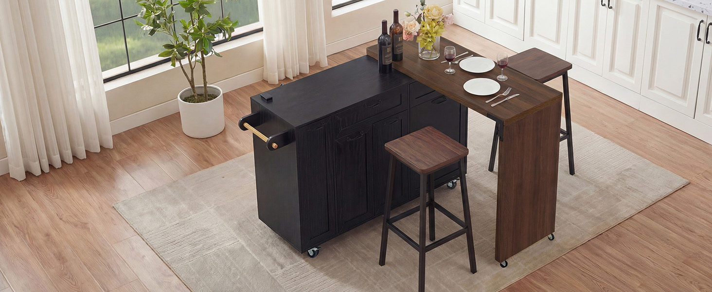 K&K 102.3" Kitchen Island with Extendable Dining Table, Kitchen Rolling Island Cart with Trash Storage Cabinet, 3-Tier Pull-Out Spice Rack, Mobile Island Table on Wheels for Kitchen, Dining Room,Black - Image 2