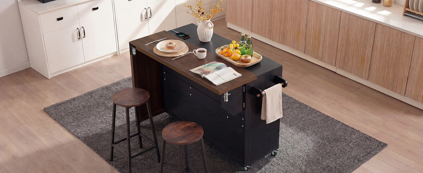 K&K 102.3" Kitchen Island with Extendable Dining Table, Kitchen Rolling Island Cart with Trash Storage Cabinet, 3-Tier Pull-Out Spice Rack, Mobile Island Table on Wheels for Kitchen, Dining Room,Black - Image 5