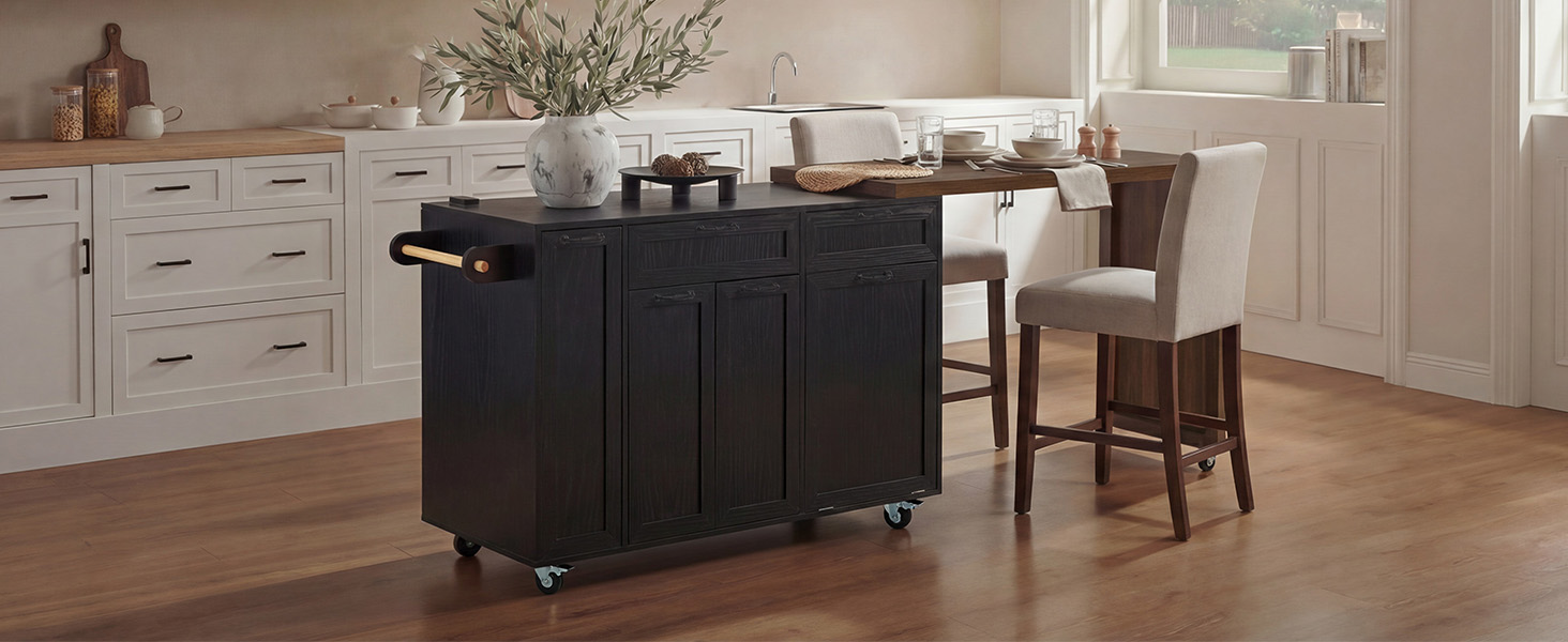 K&K 102.3" Kitchen Island with Extendable Dining Table, Kitchen Rolling Island Cart with Trash Storage Cabinet, 3-Tier Pull-Out Spice Rack, Mobile Island Table on Wheels for Kitchen, Dining Room,Black - Image 4