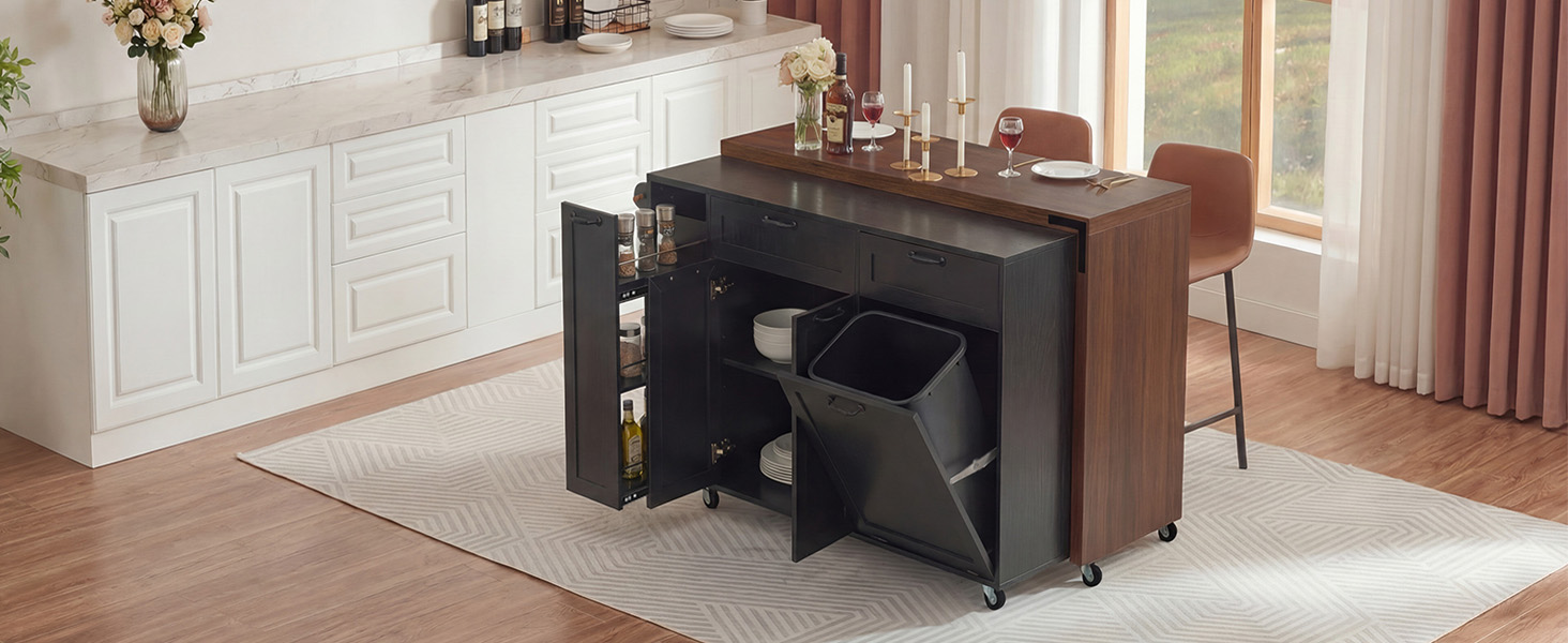 K&K 102.3" Kitchen Island with Extendable Dining Table, Kitchen Rolling Island Cart with Trash Storage Cabinet, 3-Tier Pull-Out Spice Rack, Mobile Island Table on Wheels for Kitchen, Dining Room,Black - Image 6