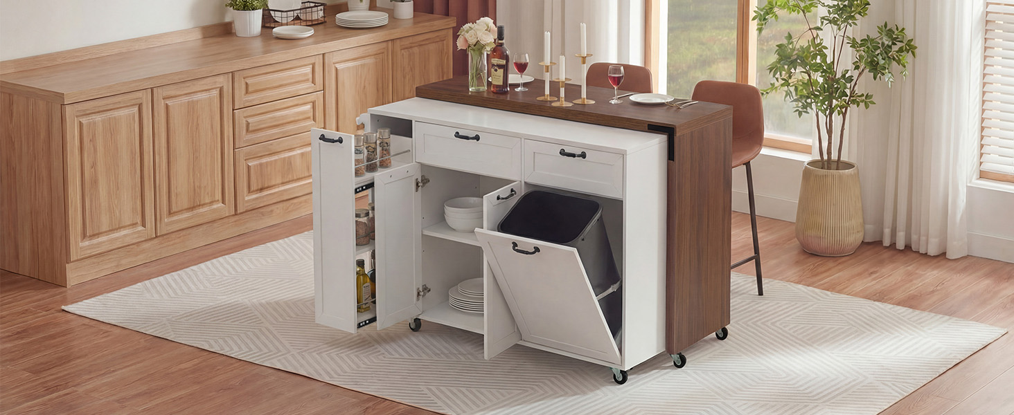 K&K 102.3" Kitchen Island with Extendable Dining Table, Kitchen Rolling Island Cart with Trash Storage Cabinet, 3-Tier Pull-Out Spice Rack, Mobile Island Table on Wheels for Kitchen, Dining Room,White - Image 2