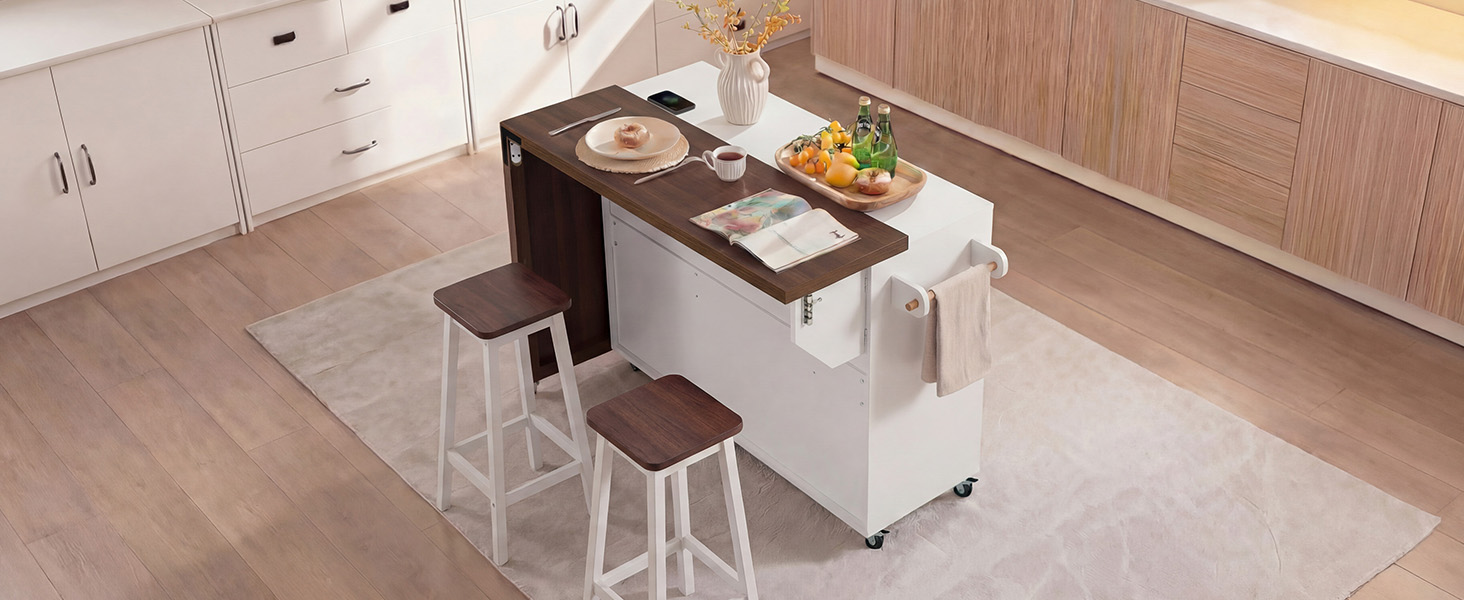 K&K 102.3" Kitchen Island with Extendable Dining Table, Kitchen Rolling Island Cart with Trash Storage Cabinet, 3-Tier Pull-Out Spice Rack, Mobile Island Table on Wheels for Kitchen, Dining Room,White - Image 3